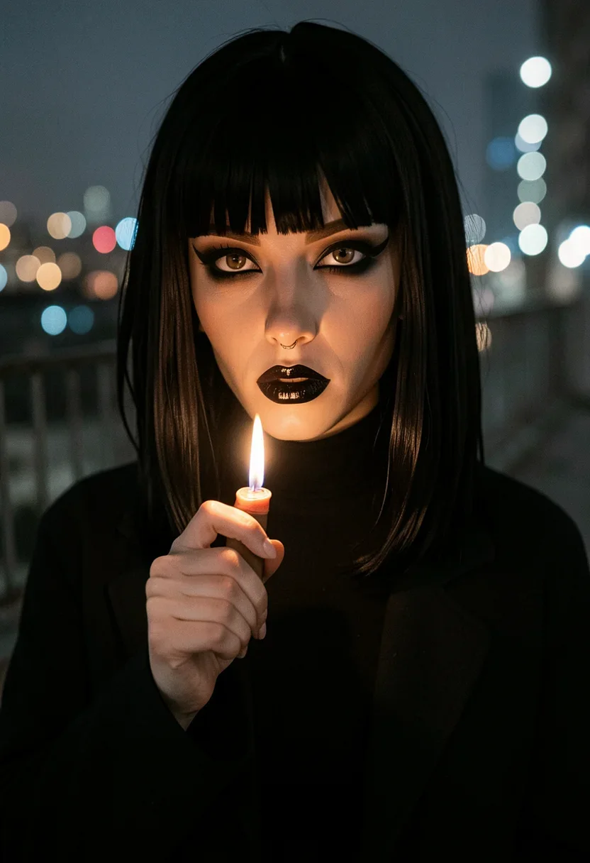 A woman holds a lit lighter near her chin, its small flame casting a soft glow beneath her pale face, accentuating the sharp contours of her sculpted cheekbones and the heavy blunt-cut fringe of her jet-black hair. Her full matte-black lips part slightly, revealing a flat, deadpan expression as she stares directly into the camera. She wears an opaque black turtleneck that hugs her slender neck and smooth Adam's-apple-free chest, its high collar framing her delicate jawline. A long black coat drapes over her narrow shoulders, its fabric pooling slightly at her waist-to-hip transition. The small black-and-silver hoop in her septum glints faintly under the flame's light. ass her, a blurred neon city haze glows, its cool tones contrasting with the warm flicker of the lighter. The light source is direct and close-range, originating from the lighter, casting a warm directional glow that illuminates her porcelain-pale skin with a luminous matte finish. Style: candid amateur smartphone snapshot, slight grain, on-camera flash or available light, handheld framing. Mood: unposed, intimate, real. She is fully clothed in opaque, closed garments that completely cover her breasts, nipples, stomach, and crotch; the fabric is solid and not see-through, not sheer, not open, not unbuttoned; her chest reads as covered cloth, never bare skin, with no exposed cleavage, no exposed nipples, and no exposed genitals anywhere in frame.
