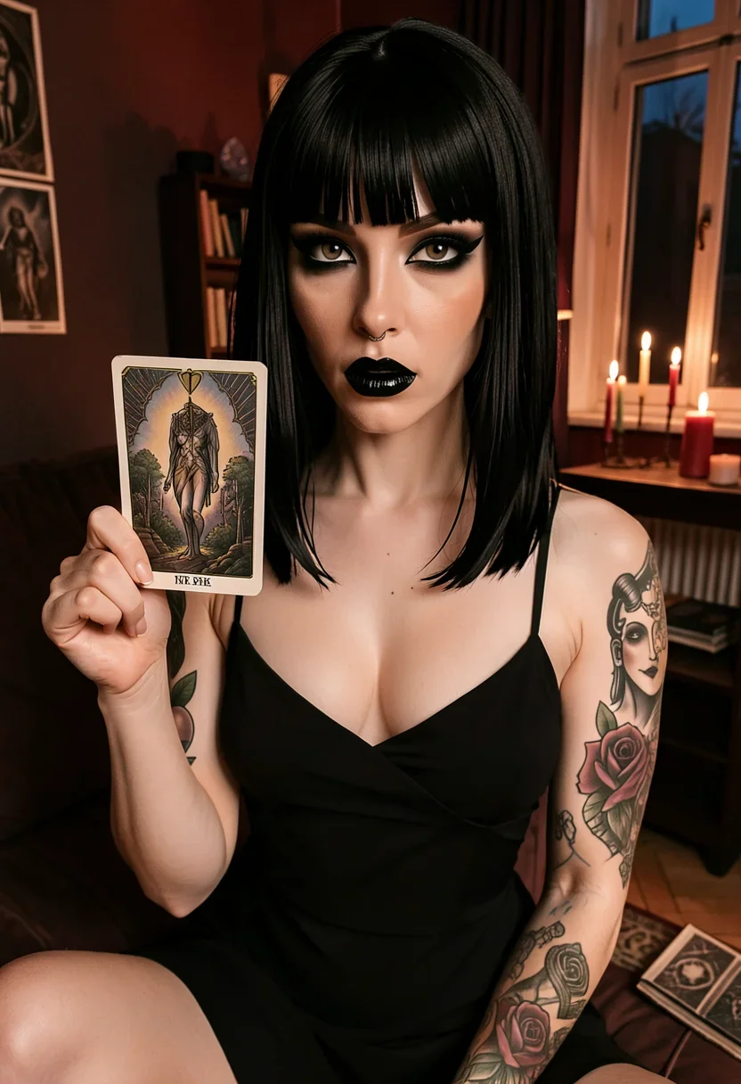 A woman, sitting cross-legged on her sofa, holds a single tarot card up between two fingers, studying it with a flat, deadpan expression. Her porcelain-pale milky skin glows with a matte finish, revealing faint blue undertone veins at the temples and inner wrists. A small natural beauty mark rests below the corner of her mouth. Her jet-black straight hair, parted under a heavy thick blunt-cut straight fringe, frames her face. The fringe sits low and even across her brows just above the eyelashes. Her striking large almond-shaped hazel-green eyes, with a cool grey undertone, are framed by sharp black smoky wing eyeliner and full dark mascara'd lashes. Her straight narrow nose, high sharp sculpted cheekbones, defined feminine jawline, and full plush pillowy lips painted in matte black lipstick complete her look. She wears a black slip dress that hugs her slim athletic frame, hinting at her narrow squared shoulders and long graceful neck. Bold black-ink tattoo sleeves adorn both upper arms and shoulders with gothic occult imagery, sacred-heart and serpent and rose motifs. A small black-and-silver hoop ring adorns her left septum. The dim candlelit Neukolln livingroom casts a warm red-amber glow, illuminating the lit candles and an open occult book on the cushion beside her. The light dances across her glossy hair and the matte fabric of her dress, creating soft shadows that accentuate her defined cheekbones and the sharp lines of her eyeliner. Style: candid amateur smartphone snapshot, slight grain, on-camera flash or available light, handheld framing. Mood: unposed, intimate, real. She is fully clothed in opaque, closed garments that completely cover her breasts, nipples, stomach, and crotch; the fabric is solid and not see-through, not sheer, not open, not unbuttoned; her chest reads as covered cloth, never bare skin, with no exposed cleavage, no exposed nipples, and no exposed genitals anywhere in frame.