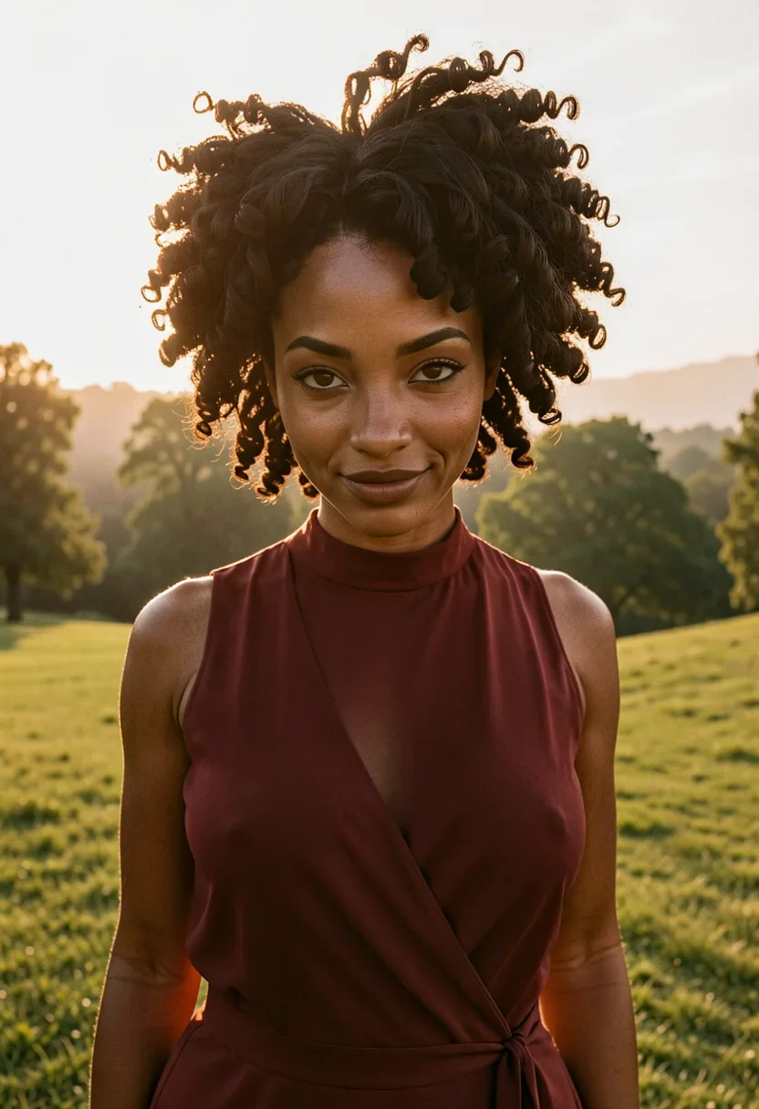 A woman, her afro backlit by the low sun, stands on a grassy park hillside in a soft wrap dress, giving the camera a teasing half-smile. The dress, a flowing fabric of deep berry hue, drapes elegantly over her narrow shoulders and waist-to-hip ratio, hinting at the graceful curves beneath. Her smooth, warm dark-brown skin glows under the golden-hour light, which casts a soft sheen on the fabric and highlights the natural specular details along her high sculpted cheekbones and collarbones. Warm dark-brown almond-shaped bedroom eyes with long curled lashes meet the camera, framed by a broad soft nose with a rounded tip and a delicate jawline. The scene is bathed in the golden-hour light, filling the air with a warm, intimate atmosphere. She is fully dressed in thick opaque cloth that covers her chest, breasts, stomach, and hips; her top is a solid high-necked closed garment of dense fabric, and her chest reads as fabric surface across the whole bust. Style: candid amateur smartphone snapshot, slight grain, on-camera flash or available light, handheld framing. Mood: unposed, intimate, real.