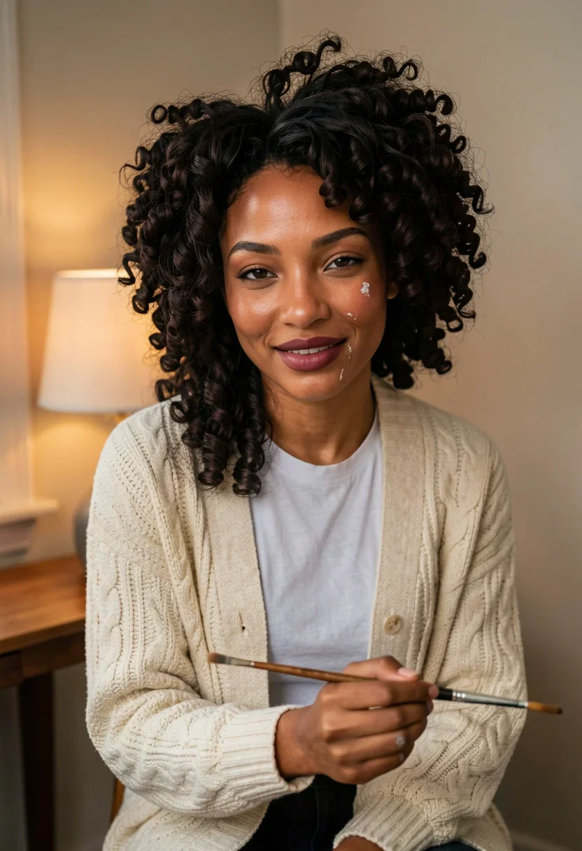 Amara sitting on a wooden stool in her apartment at night, wrapped in a large cream cable-knit cardigan over a white cropped tee, thick afropuff curls tumbling past her shoulders, holding a paintbrush loosely in one hand with visible paint smudges on her fingers and jawline — warm lamplight from behind casting soft amber glow across her face, eyes slightly narrowed in a knowing smile