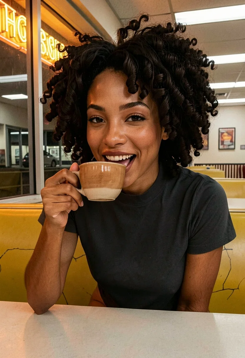 A woman, Amara, leans over the table in a diner booth, her waist-to-hip ratio gently curved under her soft cotton T-shirt, laughing as she raises a coffee cup to her berry-tinted lips. Her thick voluminous afro bounces with the motion, catching the warm overhead light that casts soft shadows across her high sculpted cheekbones. The diner's amber glow highlights the smooth caramel undertones of her deep brown skin, while the rounded tip of her broad nose and the delicate curve of her jawline remain in sharp focus. She is fully dressed in thick opaque cloth that covers her chest, breasts, stomach, and hips; her top is a solid high-necked closed garment of dense fabric, and her chest reads as fabric surface across the whole bust. Style: candid amateur smartphone snapshot, slight grain, on-camera flash or available light, handheld framing. Mood: unposed, intimate, real.