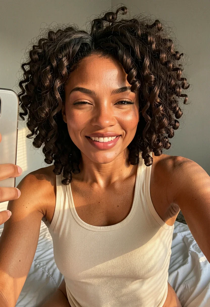 she's sitting on her bed in the late afternoon light filtering through the blinds, wearing a soft cream ribbed tank top with her big bouncy afro curls falling past her shoulders, holding her phone up for a selfie with one hand while winking at the camera — full relaxed smile on her plump berry lips