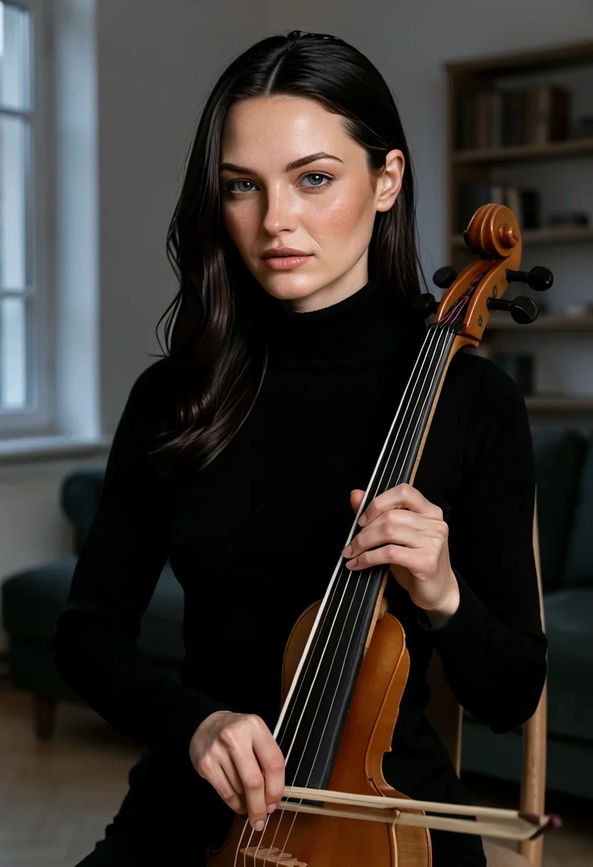 A woman sits with a cello, one hand resting on the neck and a bow held in the other, giving the camera a knowing half-smile. Her tall, willowy frame is draped in a black turtleneck, the fabric hugging her narrow, squared shoulders and smooth Adam's-apple-free chest. The turtleneck stretches down to her waist, accentuating her long, graceful neck and statuesque posture. Her waist-length raven-black hair falls over one shoulder, catching the light with a silky sheen. Cool steel-gray almond-shaped eyes are calm and direct, framed by razor-sharp cheekbones and a sculpted jawline. Full lips with a natural mauve tint complete the portrait. The minimalist Riga livingroom, bathed in even, cool light, fills the background with its serene atmosphere. She is fully dressed in thick opaque cloth that covers her chest, breasts, stomach, and hips; her top is a solid high-necked closed garment of dense fabric, and her chest reads as fabric surface across the whole bust. Style: editorial fashion photography, 35mm full-frame DSLR, shallow depth of field, color-graded. Mood: cinematic, composed, considered.