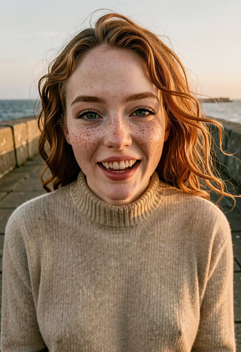 A woman laughs openly on the Dun Laoghaire pier at sunrise, her wild copper-red curls caught mid-motion in the wind, the loose strands framing her delicate heart-shaped face. She wears a cozy knit jumper in a neutral tone, the soft fabric clinging to her under-arm curves and narrow wrists, the high collar leaving her smooth Adam's-apple-free chest and collarbones exposed. Golden freckles scatter across her small upturned nose, and her piercing emerald-green eyes crinkle with a big genuine grin, her full rosy-pink lips parted in laughter. Warm golden sunrise light from the east fills the scene, casting a soft glow on her creamy fair skin and highlighting the fine peach fuzz on her high cheekbones. She is fully dressed in thick opaque cloth that covers her chest, breasts, stomach, and hips; her top is a solid high-necked closed garment of dense fabric, and her chest reads as fabric surface across the whole bust. Style: candid amateur smartphone snapshot, slight grain, on-camera flash or available light, handheld framing. Mood: unposed, intimate, real.