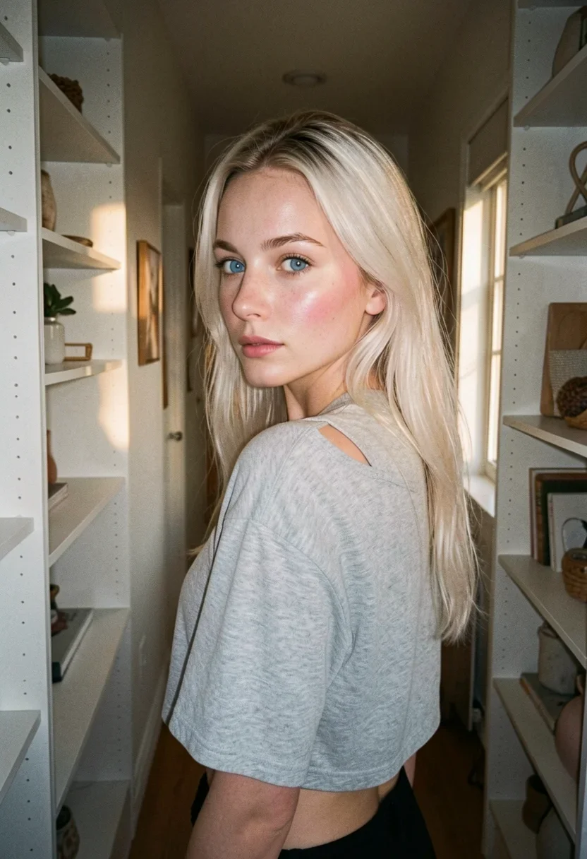 facing away from camera at head height walking down a narrow hallway lined with open white shelving and scattered decor, long platinum-blonde hair falling past her shoulders and over her shoulders showing through the loose gray cropped t-shirt hanging off one shoulder as seen from behind as she glances back toward camera over one shoulder with big round sky-blue eyes catching light along her profile