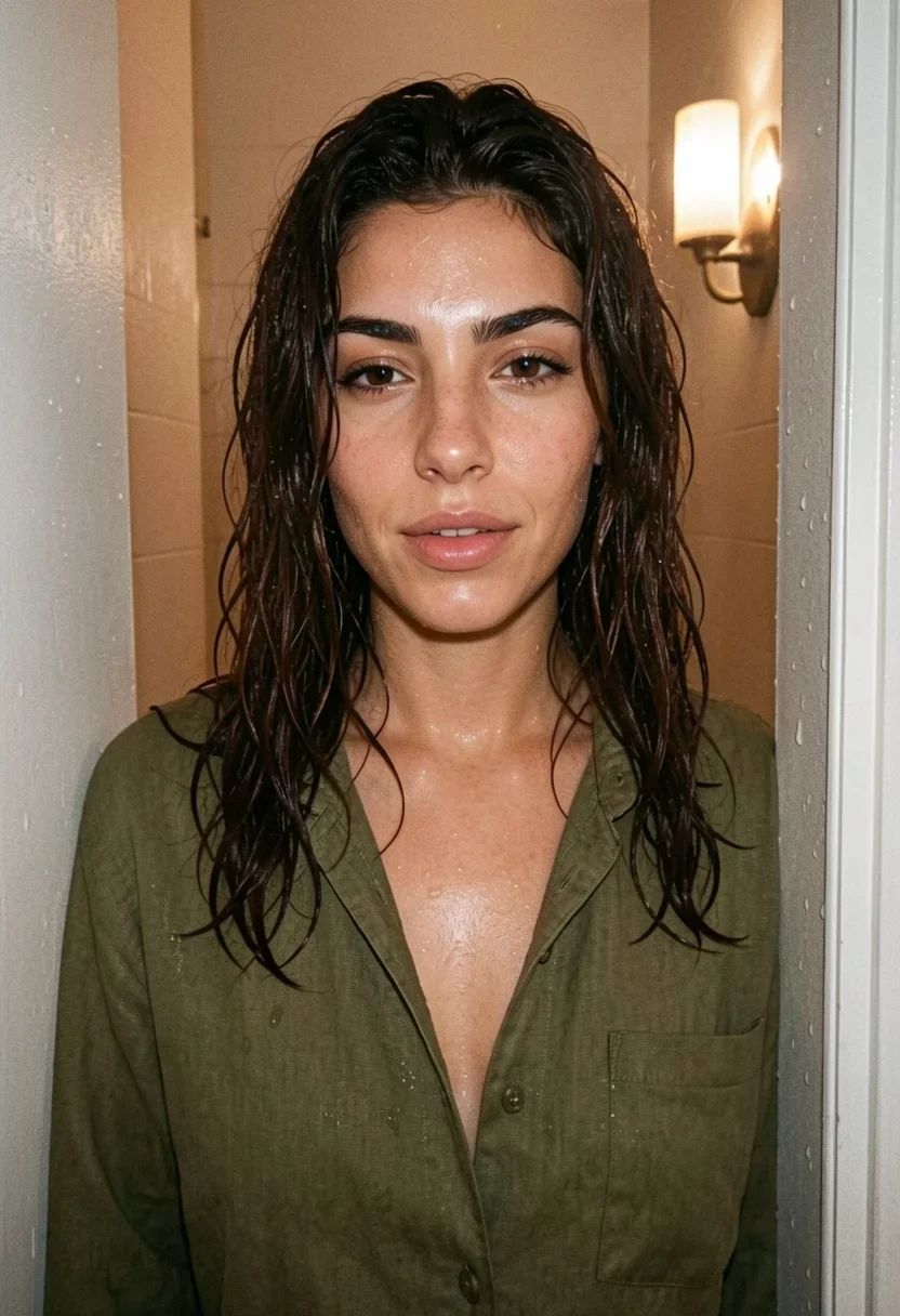 facing camera at chest height, Malena standing in a steamy bathroom doorway, one shoulder leaning against the frame, damp chestnut-dark wavy hair falling past shoulders with water droplets catching light along the strands, wearing an unbuttoned olive linen shirt clinging slightly to damp skin at collarbone, expression half-lidded and direct gaze into camera with lips slightly parted and a small private smirk