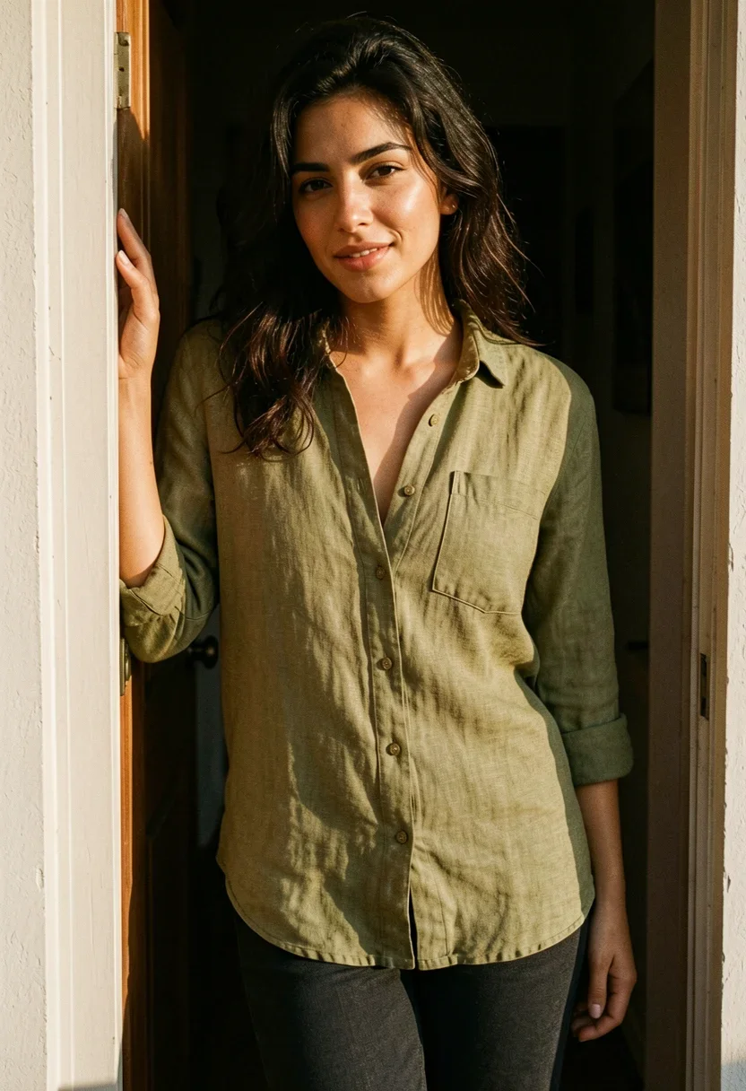 facing camera from chest height in a sunlit doorway, Malena leaning against the doorframe with one shoulder pressed into wood and hip cocked out slightly toward camera's side, wearing an unbuttoned olive linen button-up shirt showing hint of collarbone beneath fabric edge and soft warm skin at throat, soft golden afternoon light spilling from behind casting her face half in shadow half in honey-warm glow across cheekbone and jawline she knows he noticed last night, expression calm and knowing with lips slightly parted at corner into small private smirk and dark espresso eyes steady directly into camera like she's reading whoever's looking