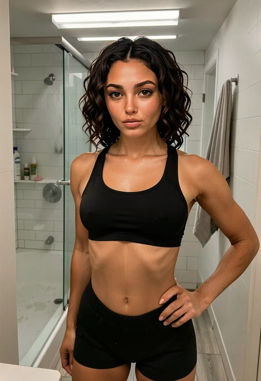 maya standing in front of a bathroom mirror after a workout, wearing a tight black sports bra that hugs her chest and high-waisted black shorts that sit low on her hips, one hand resting on her hip with fingers slightly curled, abs slightly flexed showing the faint definition there, head tilted down looking at the camera through thick dark lashes with lips pouting playfully like she's daring whoever's looking