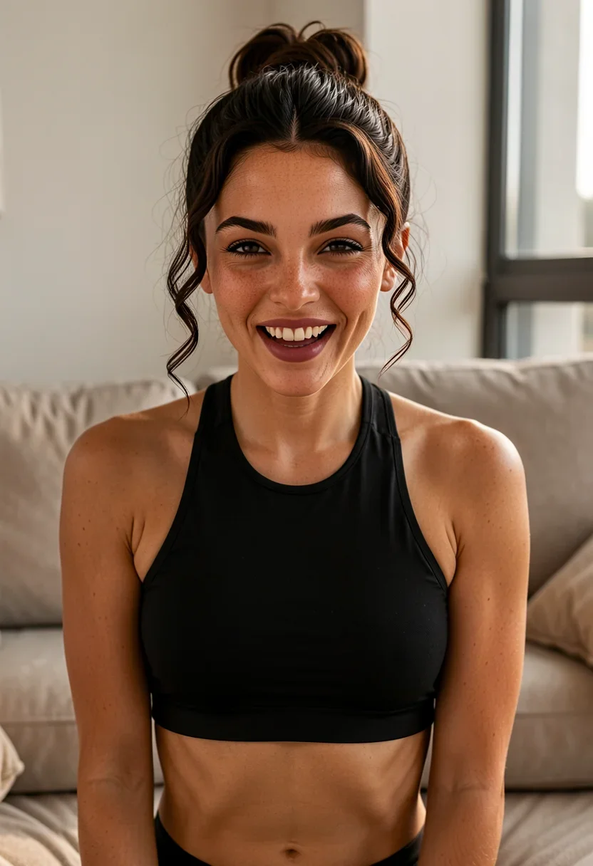 A woman, 23, sits mid-laugh on her couch, her slim shoulders shrugging as she gives the camera a competitive smirk. Her warm olive skin shows a faint scatter of sun freckles across her nose and shoulders, with a sun-kissed tan line across her chest visible beneath her sports bra. She wears a tight black sports bra that clings to her small natural breasts, with shoulder-length dark chestnut curls tied in a messy bun and faint abs visible on her athletic stomach. Her full lips with a plum tint part slightly as she laughs, revealing a glimpse of her white teeth. Bright daylight from the window fills the room, casting soft shadows across her freckled shoulders and the plush couch fabric. The room's atmosphere is unposed, intimate, and real. She is fully dressed in thick opaque cloth that covers her chest, breasts, stomach, and hips; her top is a solid high-necked closed garment of dense fabric, and her chest reads as fabric surface across the whole bust.