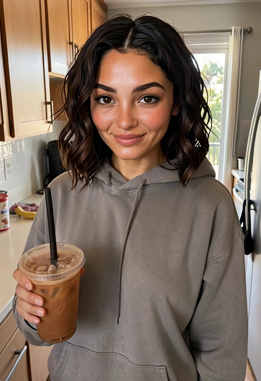 A woman, smirking playfully while holding an iced coffee, stands in her San Diego kitchen. Her shoulder-length chestnut curls are slightly windblown, sun freckles dust her nose, and her big brown eyes are bright. She wears a loose hoodie that drapes softly over her slim athletic frame, hinting at her narrow shoulders and lean arms. The bright daylight fills the kitchen, casting soft shadows and illuminating the natural pink flush on her round cheeks. The three-quarter framing captures her from the waist up, highlighting the curve of her hips under the fabric. She is fully dressed in thick opaque cloth that covers her chest, breasts, stomach, and hips; her top is a solid high-necked closed garment of dense fabric, and her chest reads as fabric surface across the whole bust. Style: candid amateur smartphone snapshot, slight grain, on-camera flash or available light, handheld framing. Mood: unposed, intimate, real.