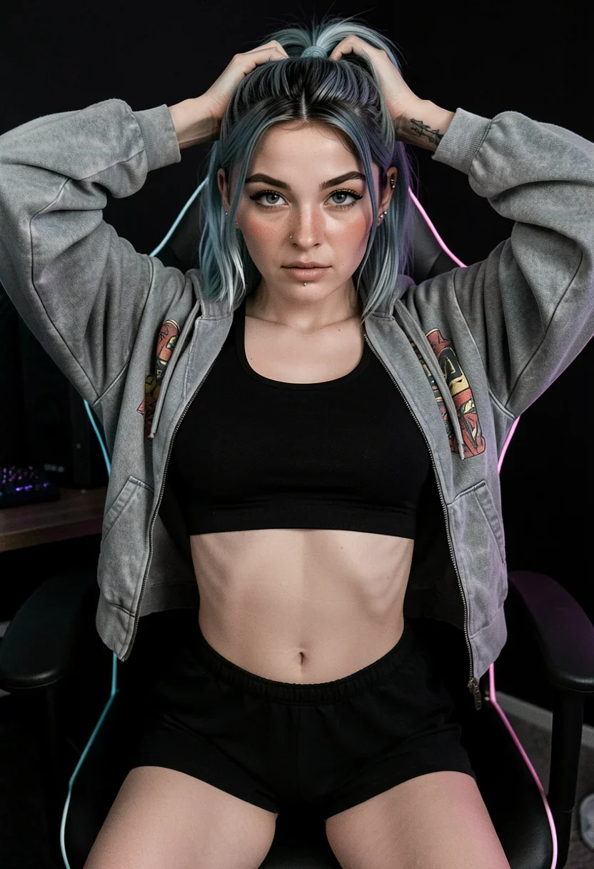 A woman kneels up tall in her gaming chair facing the camera, arching her back with both hands lifting her hair off her neck, biting her lower lip and meeting the lens with a heavy-lidded come-here gaze. She wears an oversized faded graphic zip-up hoodie hanging open off both shoulders, revealing a fitted opaque black sports crop top of solid woven fabric that fully covers her chest. Her bare midriff shows between the crop top and her low-slung small opaque solid-black cotton sleep shorts, the smooth fabric a continuous unbroken panel across the front. Her thighs rest together as soft pink monitor glow washes over her front while cyan and magenta RGB rim light edges her hair and bare shoulders in the dark room. The hoodie's loose fit highlights her narrow shoulders and waist-to-hip ratio, with side curves visible beneath the crop top's solid fabric. Her smooth Adam's-apple-free chest and slim wrists add to her soft feminine softness. Three small silver studs up the left helix and a couple in each lobe, a tiny silver nostril stud, and a small vertical labret stud centered below her lower lip. One small fine-line tattoo on the inner left forearm and a small simple line tattoo on the right ribcage. Style: candid amateur smartphone snapshot, slight grain, on-camera flash or available light, handheld framing. Mood: unposed, intimate, real.