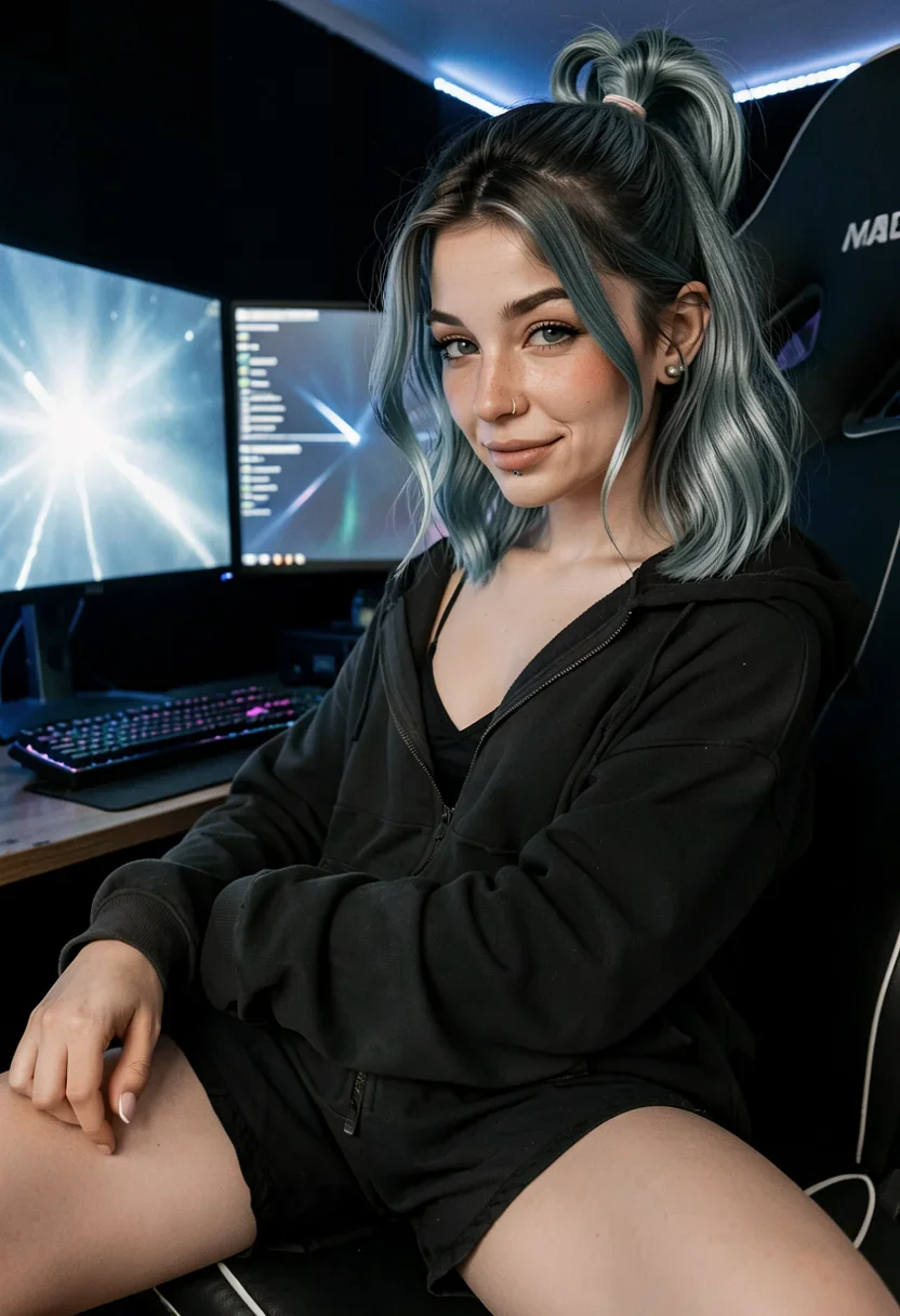 nova sitting sideways in her gaming chair wearing an oversized black zip-up hoodie that's slipping off one shoulder, hand resting on the armrest with fingers slightly curled, lips parted in a soft playful smirk showing just a hint of teeth, grey-blue eyes glancing sideways at the camera with that heavy-lidded bedroom gaze catching monitor glow from multiple angles