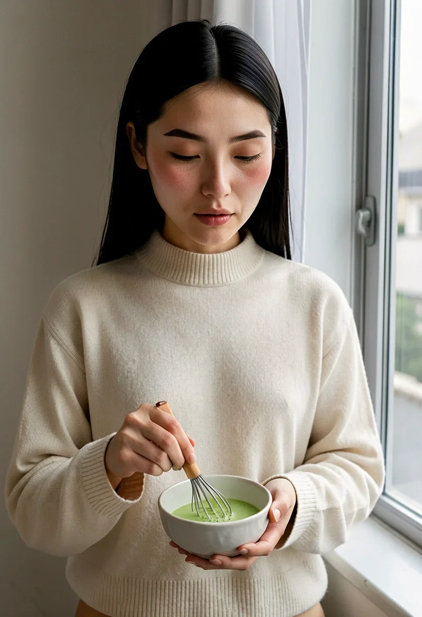 A woman, whisking matcha in a small bowl with a quiet, calm expression, stands at her window. She wears a cream sweater draped over her soft ivory skin, flushed with a natural pink glow. Her sleek jet-black hair falls straight past her shoulders, framing her delicate jawline and refined cheekbones. The waist-up framing reveals the gentle curve of her slim shoulders and narrow wrists, enhanced by the soft morning light filtering through the window. The minimalist bedroom's morning light casts a serene glow, illuminating the creamy fabric of her sweater and the gentle flush on her pale skin. She is fully dressed in thick opaque cloth that covers her chest, breasts, stomach, and hips; her top is a solid high-necked closed garment of dense fabric, and her chest reads as fabric surface across the whole bust. Style: candid amateur smartphone snapshot, slight grain, on-camera flash or available light, handheld framing. Mood: unposed, intimate, real.