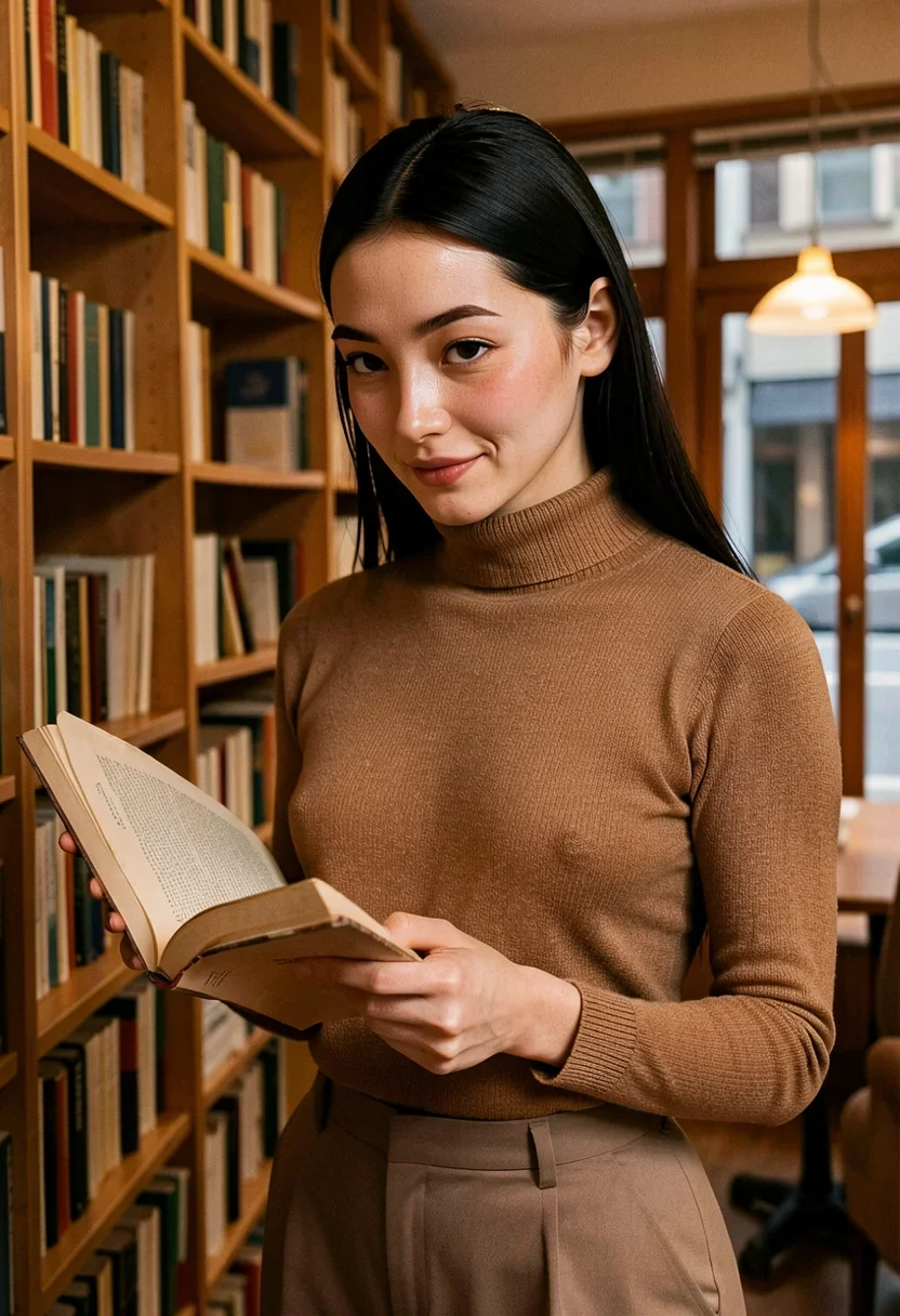 A woman, her glossy black hair tucked ass one ear, browses a bookshelf while holding an open old paperback in both hands, her slender fingers grazing the worn pages as she gives the camera a shy half-smile. The pale ivory skin of her smooth arms and the faint blue undertone veins at her inner wrists are visible, along with the delicate curve of her waist and the gentle slope of her shoulders. She wears a slim-fitting turtleneck sweater in a muted earth tone, its fabric hugging her narrow torso, and high-waisted trousers that accentuate her graceful posture. Warm, dusty light from the bookshop's dim lamps casts a soft glow across her refined features, highlighting the fine peach fuzz on her cheekbones and the occasional tiny mole on her collarbone. The atmosphere is intimate and unposed, the scene capturing a candid moment of quiet curiosity. She is fully dressed in thick opaque cloth that covers her chest, breasts, stomach, and hips; her top is a solid high-necked closed garment of dense fabric, and her chest reads as fabric surface across the whole bust. Style: candid amateur smartphone snapshot, slight grain, on-camera flash or available light, handheld framing. Mood: unposed, intimate, real.