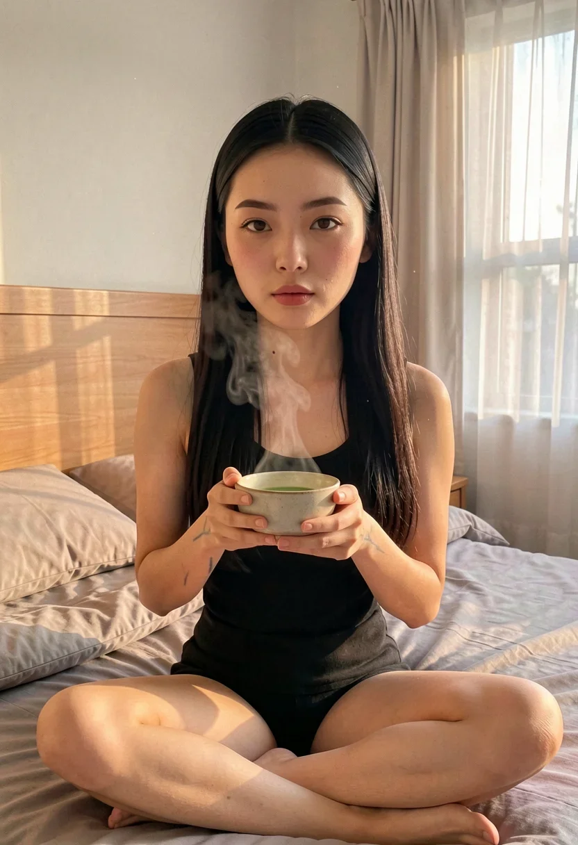 Rin sits cross-legged on her bed holding a small bowl of matcha, steam curling up in the soft morning light