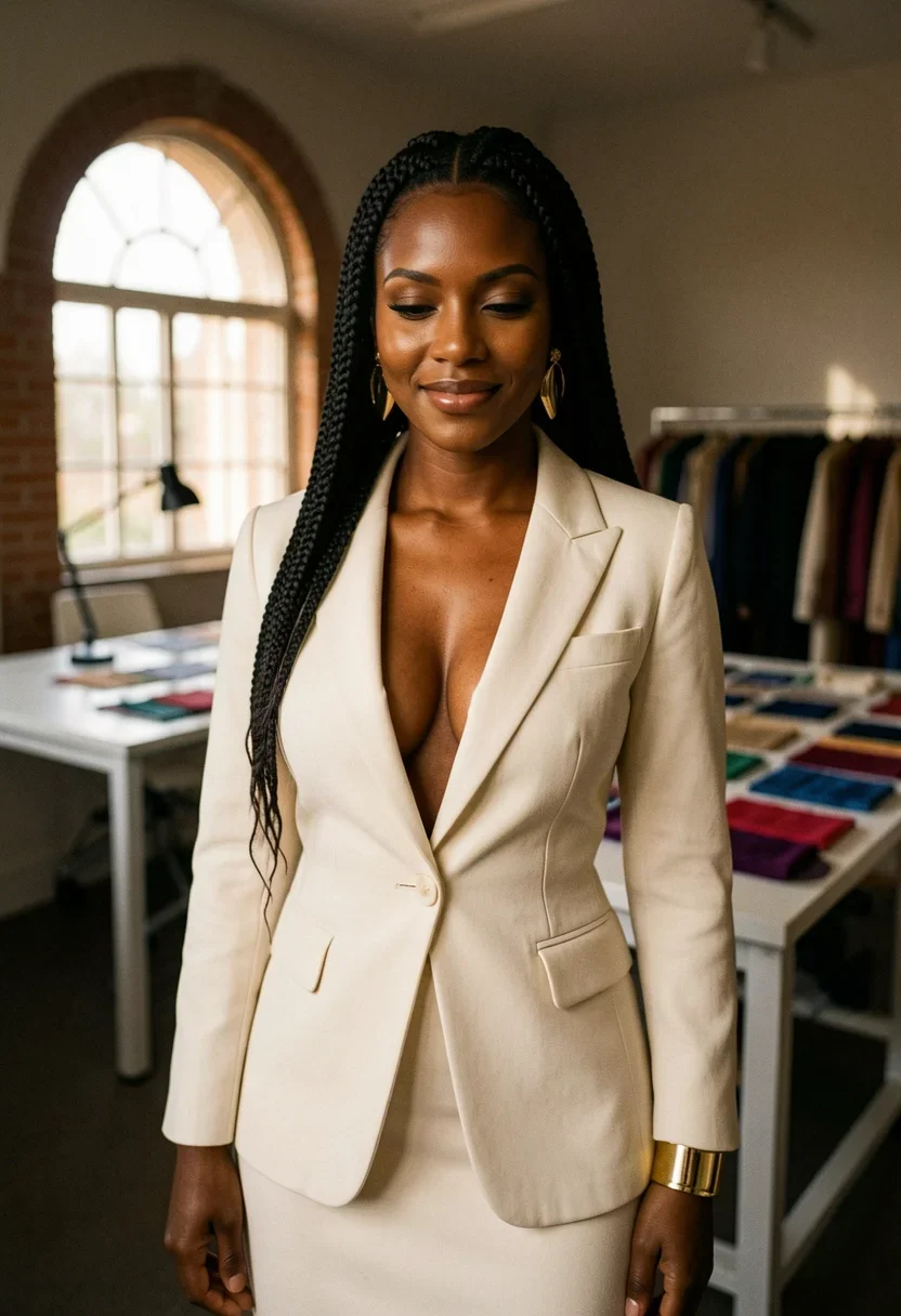 A regal woman, facing the camera at chest height with a slow warm queenly smile, dark eyes level down the lens. She stands tall and easy in a structured cream blazer dress with a nipped waist, bold gold statement earrings and a gold cuff at one wrist. Her long braids sweep over one shoulder and fall past her chest. The fabric of her dress covers her midriff and hips fully, an unbroken solid woven surface. Behind her, soft focus reveals long white worktables, jewel-tone fabric swatches, and a rolling rack of luxury garments. Warm daylight rakes low across the tables from an arched window, glowing on her deep skin and casting the studio's back into shadow. Style: candid amateur smartphone snapshot, slight grain, on-camera flash or available light, handheld framing. Mood: unposed, intimate, real.