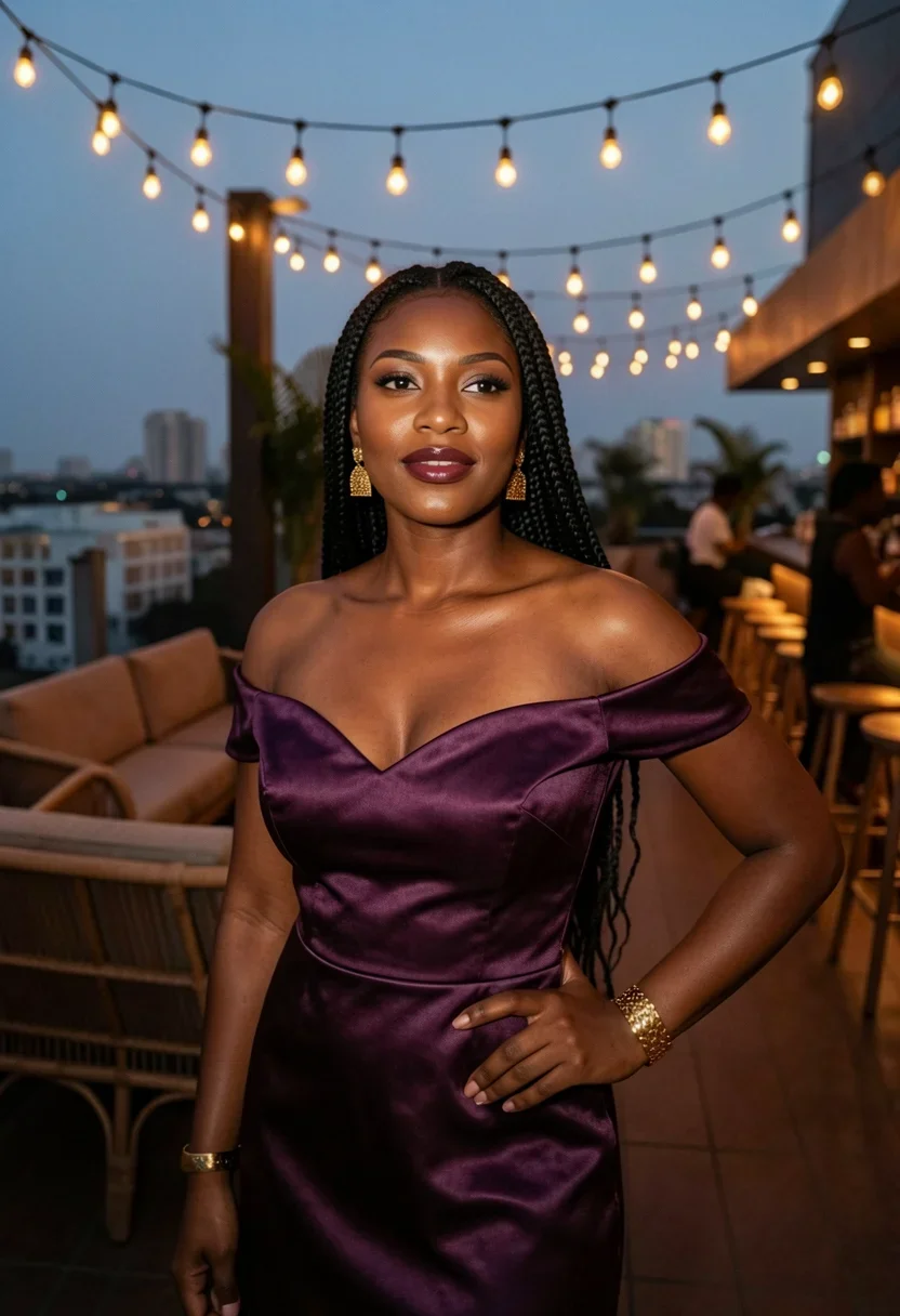 A woman, turned to face the camera at chest height, stands confidently at the edge of her Lagos rooftop bar in the early evening. Her weight is on one hip, chin lifted with ease, and she wears a warm knowing smile, softly parted berry-tinted lips. She wears a deep-aubergine silk-satin off-shoulder gown with a structured opaque bodice fully covering her chest, framing her bare collarbones and shoulders. Bold gold statement earrings and a gold cuff gleam in the warm festoon light. Her long braids tumble over one shoulder. The glowing lit bar, low rattan seating, and soft-focus Lagos skyline glow behind her, with warm amber festoon bulbs pooling gold light across her shoulders and the rich purple silk. Style: candid amateur smartphone snapshot, slight grain, on-camera flash or available light, handheld framing. Mood: unposed, intimate, real.