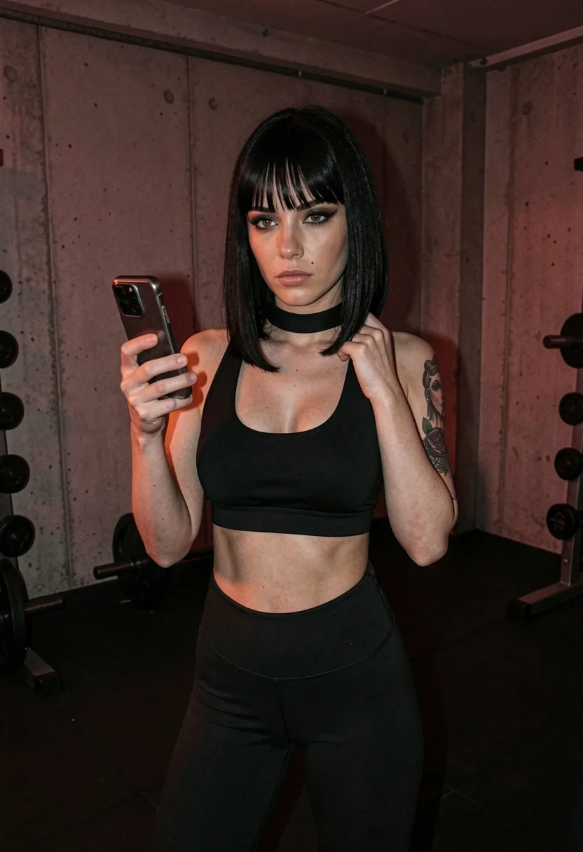 A woman, facing the camera at chest height, stands in a dimly lit Berlin gym with exposed concrete walls and black rubber flooring, faint crimson light casting long shadows. She's wearing a black sports bra that covers her chest, and leggings that conceal her hips and thighs. A fitted black choker rests around her neck. One hand holds a smartphone, the other reaches up to adjust the choker as she strikes a confident, deadpan expression. Her almond-shaped hazel-green eyes, framed by smoky wing eyeliner and full lashes, meet the lens straight on. A small beauty mark below her left mouth corner adds a touch of individuality to her flawless porcelain skin. Shoulder-length straight jet-black hair, parted under a blunt fringe, frames her sharp, sculpted features. athletic build, narrow shoulders, and a slim, toned neck are on display as she stands with legs slightly apart, weight evenly distributed. The scene, captured in a candid amateur smartphone snapshot, exudes an unposed, intimate, real vibe. Style: candid amateur smartphone snapshot, slight grain, on-camera flash or available light, handheld framing. Mood: unposed, intimate, real.