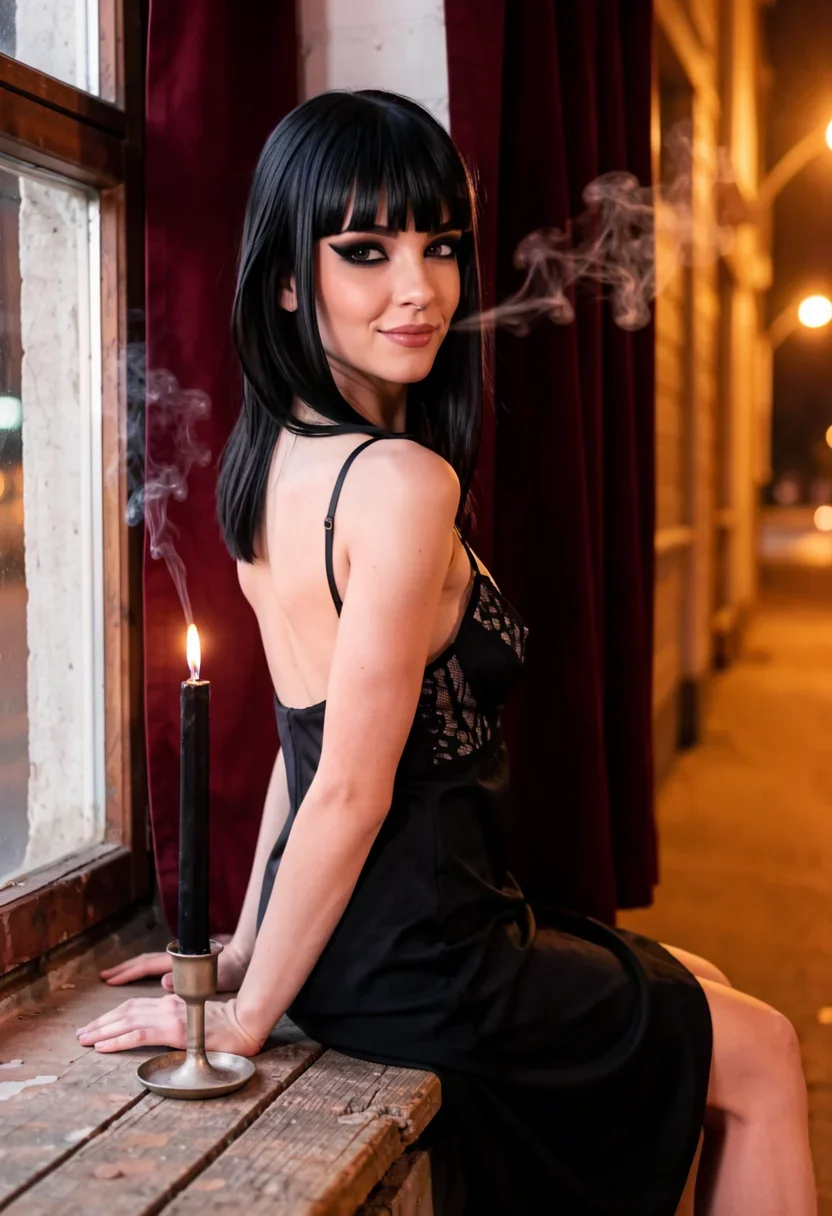 Amateur adult-video still. Waist-up shot of a striking young woman sitting on a crumbling wooden windowsill, looking over her bare shoulder at the camera with a smug smirk. She wears a slinky black lace-trimmed slip that drapes loosely over her slim frame, the thin strap slipping off one shoulder to expose her porcelain skin and delicate collarbone. A single guttering black taper candle casts deep red-amber light across her face and neck. Heavy burgundy velvet curtains are half-drawn behind her, and curls of incense smoke drift through the beam of orange sodium streetlight bleeding in from outside, setting a gritty urban nocturnal mood.