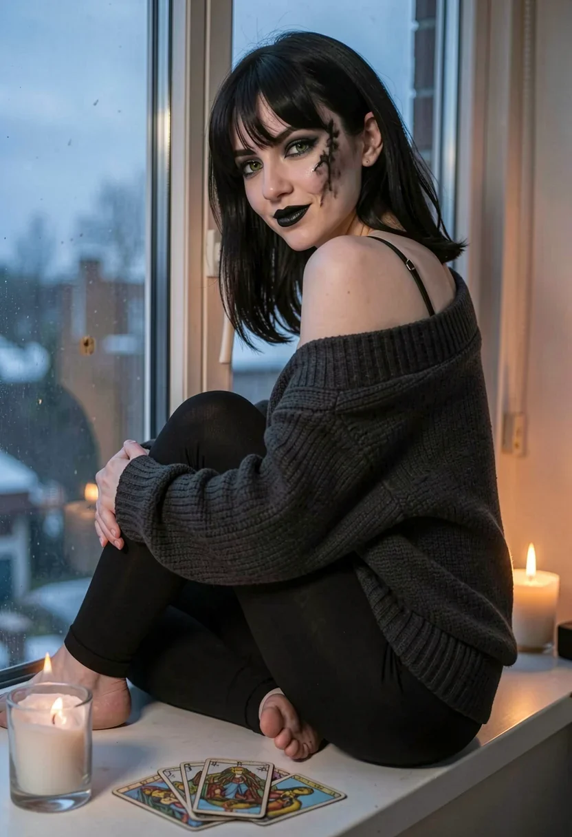 Amateur adult-video still. A waist-up shot of Ada sitting on a windowsill, one knee drawn up, body twisted to look over her shoulder toward the camera. Her oversized charcoal knit sweater slips off one shoulder, exposing a sliver of porcelain-pale skin and the edge of a black bra strap. Smudges of last night's smoky eye makeup remain around her striking green eyes. A glass candle flickers beside her, casting warm light across her face and bare arms. Her black leggings-clad legs are folded beneath her, and a worn tarot deck lies fanned out on the sill. Cool pre-dawn light filters through the tall window, casting an intimate glow. Her plush black lips curve into a subtle, knowing smile as she meets the camera's gaze, one hand resting high on her thigh.