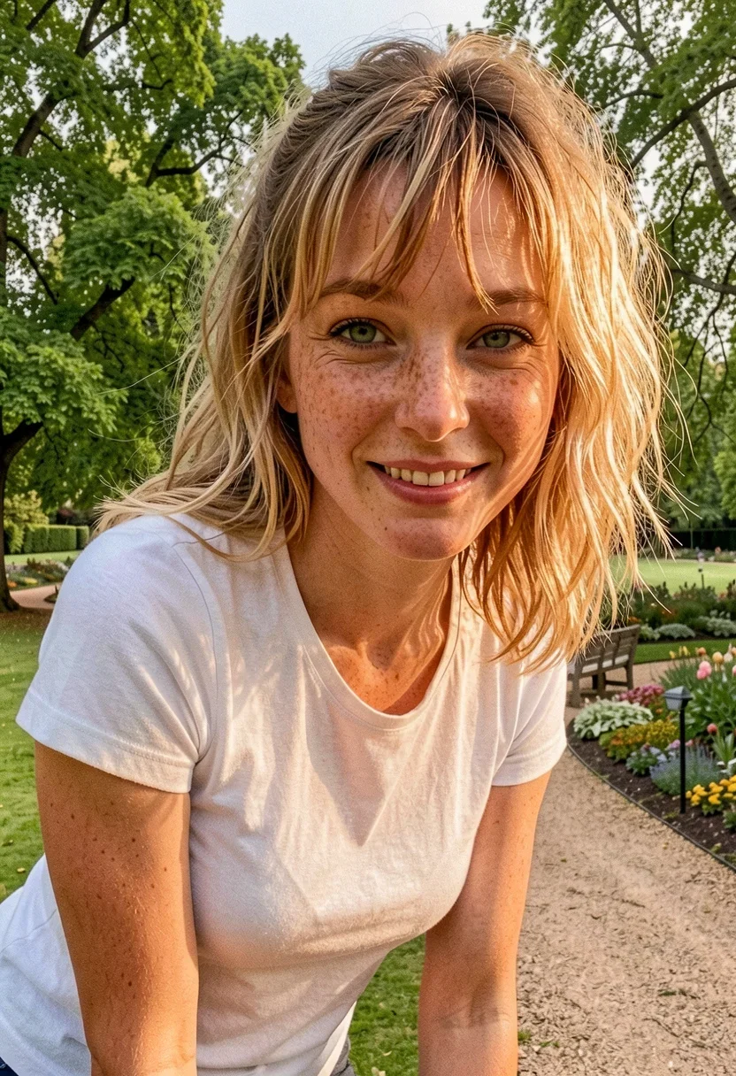 A woman, Charlotte, leans slightly forward with a warm, natural smile, her bright pale-green eyes crinkling at the corners as golden sunlight spills over her shoulder. She wears a fitted, short-sleeve white cotton blouse that skims her narrow shoulders and cinched waist, the fabric catching the light where it drapes over her small perky breasts. Her tousled golden-blonde hair, with sun-warmed honey highlights, frames her freckled face, the wispy curtain bangs swaying gently with her movement. The outdoor daylight casts a soft glow on her fair skin, highlighting the dense scatter of cinnamon freckles across her cheeks and the delicate flush on her collarbones. Style: candid amateur smartphone snapshot, slight grain, on-camera flash or available light, handheld framing. Mood: unposed, intimate, real.