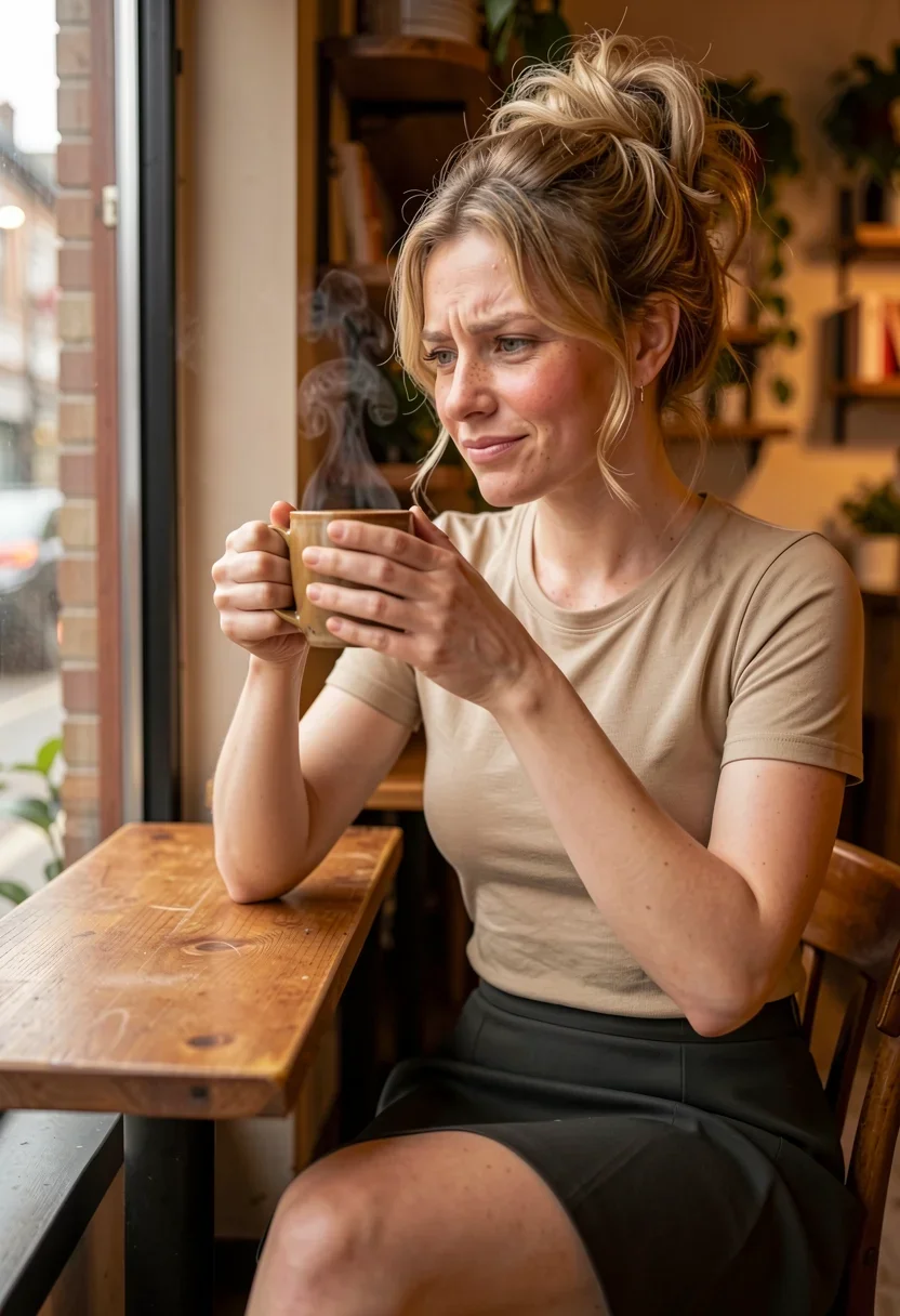 Amateur adult still. A woman sits alone at a small wooden table in a cozy cafe, her body angled slightly to face the window at her left. Soft, warm light filters in through the glass, casting a gentle glow across her face and figure. She holds a steaming mug in both hands, elbows resting lightly on the tabletop, and gazes out at the street scene with an expression of quiet contemplation, her brows ever so slightly furrowed and her full lips curved in a small, enigmatic smile. A few tousled honey-blonde curls escape her tousled updo to frame her face. Her lean, toned arms are bare in a short-sleeved top of solid woven fabric that covers her chest completely as an unbroken opaque cloth surface. The fabric of her top is smooth and matte, not shiny or translucent. Her midriff is also covered by the opaque fabric of her shirt. She sits with her long legs crossed at the ankle beneath the table, the hem of her skirt falling just above her knees. The warm light brings out the cinnamon freckles scattered across the bridge of her small upturned nose and the soft peach flush across her cheeks.