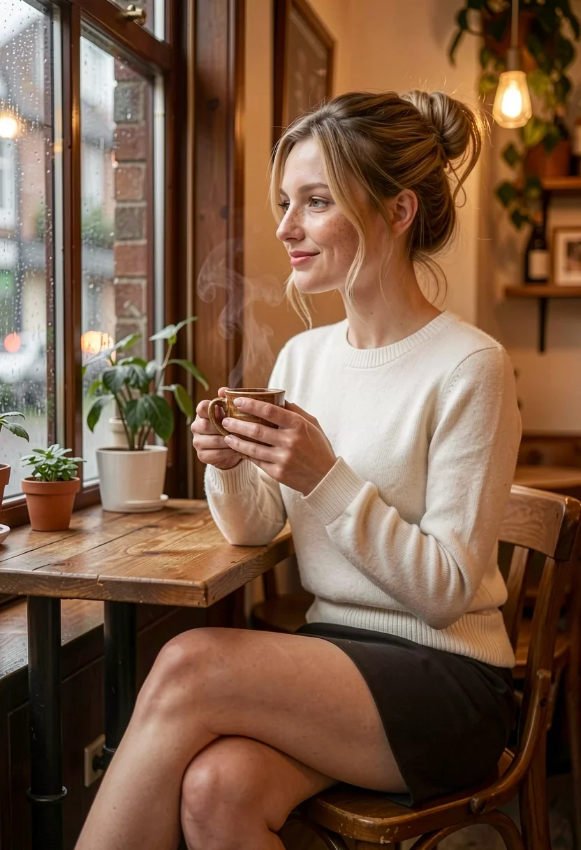 Amateur adult still. In a cozy cafe, a woman sits at a small wooden table by the window, gazing out at the rain. She wears a snug white sweater that hugs her slender frame, the soft knit fabric clinging to her pert breasts. Her long legs are crossed under the table, the hem of her short skirt riding up to reveal a tantalizing glimpse of creamy thigh. In her hands, she cradles a steaming mug of tea, the warm ceramic a comforting weight. Her face is turned toward the window, her profile soft and contemplative in the gentle light. A few loose tendrils of honey-blonde hair escape her tousled bun to frame her heart-shaped face. Her full lips curve into a small, secret smile, as if she's lost in a pleasant daydream. The cafe's warm glow casts a flattering light on her fair skin, the cinnamon freckles scattered across her cheeks and nose standing out against her porcelain complexion. She looks like a pretty picture, a study in soft femininity and cozy comfort on a rainy day.