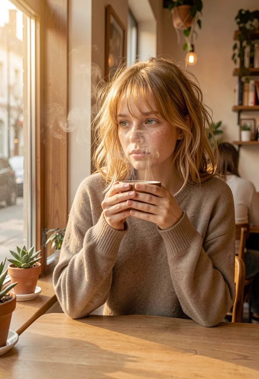 Amateur adult still. In a warm, softly lit cafe interior, a shy young woman sits alone at a small wooden table, her slender fingers wrapped around a steaming cup. Pale golden light streams in through the window beside her, casting a glow on her delicate features and tousled honey-blonde hair. She gazes out at the street, her bright green eyes soft and pensive beneath wispy curtain bangs. A cozy sweater in a muted color drapes over her slim frame, the opaque woven fabric concealing her chest and midriff completely. The sleeves are long and loose, slipping down to reveal the elegant line of her freckled shoulders. She sits quietly, lost in thought, the very picture of innocent charm and subtle beauty.