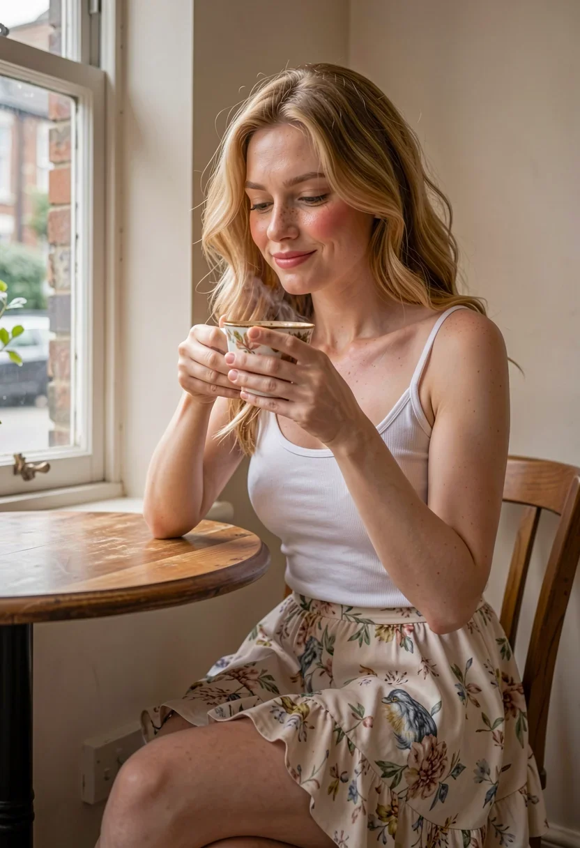 Amateur adult still. She sits alone at a small wooden table in a quiet corner of the charming London cafรฉ, soft morning light spilling in through the sash window beside her. Her hands are wrapped around a delicate china tea cup, the warmth of the steaming Earl Grey seeping into her fingers as she gazes down at the pale amber liquid, lost in thought. Her wavy golden-blonde hair falls in tousled waves around her face, honey highlights catching the light. A faint peach flush colors her fair cheeks, which dimple slightly as her full pink lips curve into a secret smile. She is dressed in a fitted white cotton camisole that covers her chest completely, the soft opaque fabric clinging to her slim torso. A flowy knee-length skirt in a muted floral print drapes over her hips and thighs, the ruffled hem just skimming the tops of her knees. The morning light illuminates the fine peach fuzz on her cheekbones and the delicate spray of cinnamon freckles across the bridge of her small upturned nose. Her long lashes flutter as she blinks, her pale green eyes still downcast and contemplative.