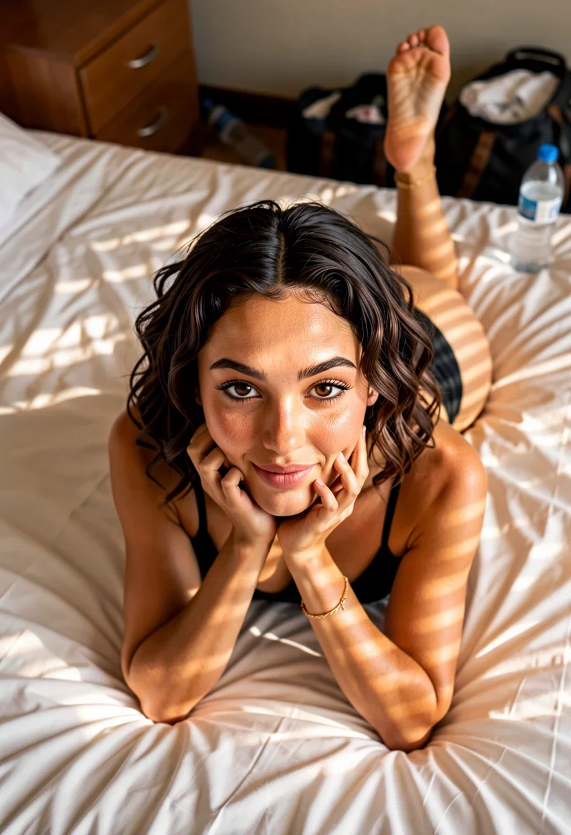 Amateur adult still. Shot from above on rumpled white hotel sheets, a petite athletic woman lies on her stomach with one knee bent up, chin propped on stacked hands, flashing a cheeky smirk and one raised eyebrow as if she just won a bet. She wears a simple black triangle bralette and cheeky black underwear with thin straps, bare back and shoulders exposed, a delicate gold anklet catching the light. Warm late-afternoon sun slants through half-open blinds, casting golden horizontal stripes across her skin and the sheets, creating a hazy, lazy, post-victory glow. The room is softly blurred in the background with a messy duffel and a water bottle tossed aside.