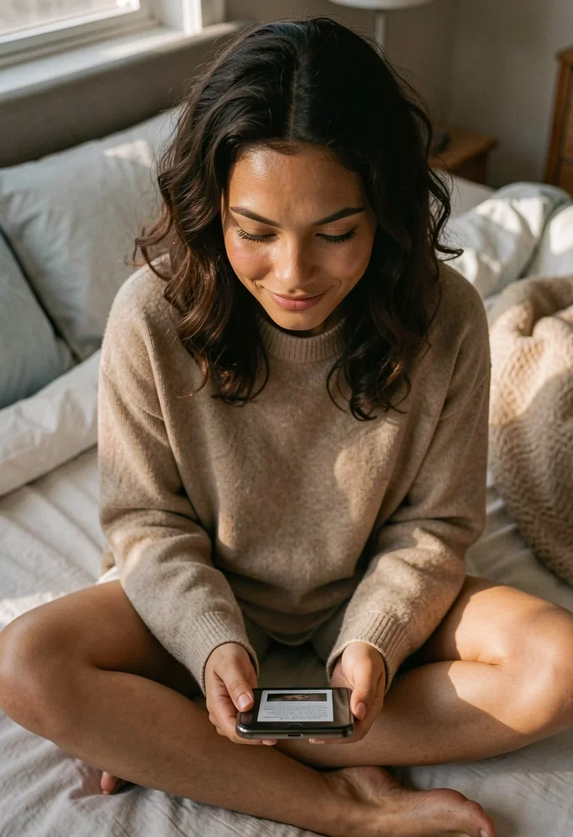 A woman, viewed from above looking down, sits cross-legged on a cozy bed, her face lit by soft morning light. She wears a soft oversized sweater in a muted shade of beige, the fabric draped loosely around her slim shoulders and narrow wrists, the waist-to-hip ratio visibly tapering. Her dark chestnut curls cascade around her face, framing her small upturned nose and full lips curled into a small smile as she gazes at her phone. Her hands are busy with the device, one resting on her lap, the other holding the phone. The room behind her is softly lit, with a warm glow filtering through the window, casting gentle shadows that highlight the smooth curvature of her arms and the faint tan lines across her chest. Style: candid amateur smartphone snapshot, slight grain, on-camera flash or available light, handheld framing. Mood: unposed, intimate, real.