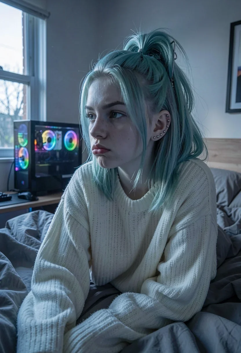 A waist-up shot in a dim Melbourne bedroom captures a 19-year-old Australian e-girl with pale, smooth skin and faded cyan-teal hair held in a messy half-up claw clip. Dressed in a chunky, oversized off-white knit sweater that hangs loose, she lounges on rumpled grey sheets, staring away with a pensive, bratty pout. The light is a contrast of soft, hazy blue morning sunshine from a nearby window and a lingering cool glow from a gaming rig. Matted silver studs line her left helix and right lobe.