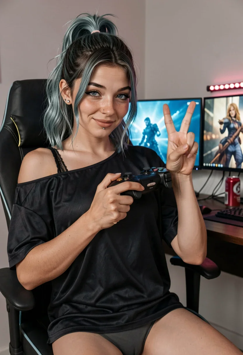 A woman, facing the camera at chest height, leans back in her chair, one hand gripping a pro controller against her chest, the other flashing a peace sign, with a cheeky wink and a cocky smirk, her soft round cheeks flushed and her big bright cool grey-blue eyes sparkling under her messy half-up claw clip. She wears an oversized esports jersey hanging off one bare shoulder, revealing a lacy bralette strap, the jersey a loose dark fabric with a slight sheen in the dim light, her slim narrow shoulders and smooth Adam's-apple-free chest clearly visible, her waist tapering down to soft hips. The cool cyan glow from the three monitors behind her casts a chill light across her face and the smooth pale skin of her exposed upper body, while the single pink LED strip on the wall provides a warm contrast, illuminating her small silver nostril stud and the faint bluish veins at her inner wrists. Her small opaqued panties, a solid flat color, are worn low on her hips, her thighs resting together. The tangled cables and crushed energy drink can on the desk are out of focus behind her. Style: amateur boudoir smartphone snapshot, warm available light, slight grain, intimate close framing. Mood: sultry, hungry, performing for the camera.