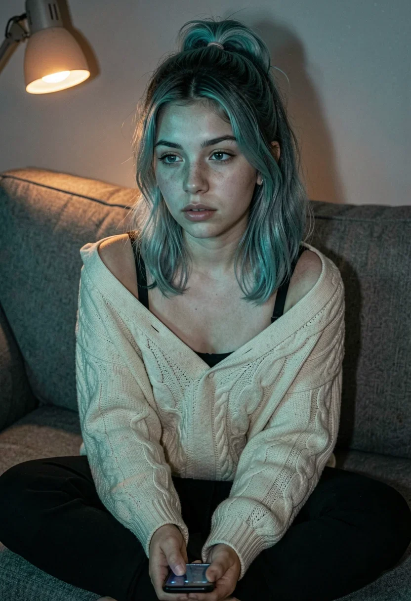 A cute 19-year-old Australian e-girl with a soft slim build, sitting cross-legged on a worn gray couch in a dimly lit bedroom at 3am, viewed from slightly above at medium close-up framing. Her shoulder-length faded cyan-teal dyed hair with dark grown-out roots is worn in a cute messy half-up claw clip with soft loose strands framing her face. She wears an oversized cream-colored cable-knit sweater with sleeves pushed up to her elbows, the hem hanging loose off one shoulder, revealing the band of her black bralette over her stomach. Her black joggers are snug, and her expression is soft and unguarded, eyes unfocused and distant, lost in thought, lips slightly parted. She clutches her phone loosely in one hand. Warm amber light from a desk lamp mixes with cool blue monitor glow, creating split lighting across her face. The shot is color-graded with teal and orange tones, sharp focus on her collarbone where the sweater slips, intimate and quiet mood. Style: candid amateur smartphone snapshot, slight grain, on-camera flash or available light, handheld framing. Mood: unposed, intimate, real.