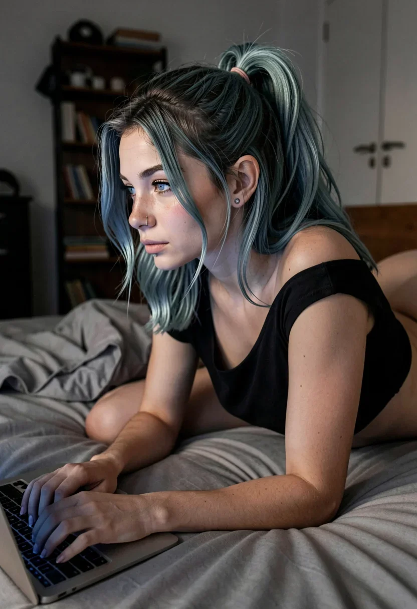 A woman, viewed from the side, lying on her left hip on the soft grey bed sheets, her upper body propped up on one elbow as she gazes intently at her laptop screen, its blue glow illuminating her pale luminescent skin and the dark strands of her teal-dyed hair that have escaped her claw clip, the cropped black t-shirt she wears slipping off one shoulder to reveal the smooth column of her neck and the gentle curve of her collarbone, her bare thighs and legs visible beneath the tangled sheets, the dimly lit room with its cluttered background seen only in silhouette, shot in a sensual 50mm close-up that highlights the texture of her skin and the cool tones of the digital light on her youthful features. Style: amateur boudoir smartphone snapshot, warm available light, slight grain, intimate close framing. Mood: sultry, hungry, performing for the camera.