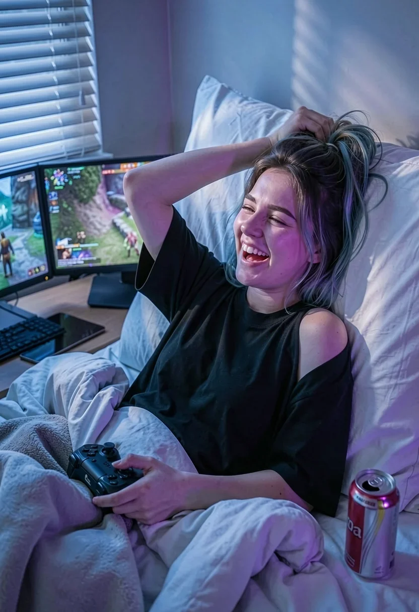 Amateur adult still. A close-up shot of a young woman propped against rumpled white pillows in a dimly lit bedroom, three glowing monitor screens casting cool blue and purple ambient light across the mess of tangled sheets. She wears an oversized black gaming tee slipped off one shoulder, one hand loosely holding a controller, the other tangled in her messy hair, mid-laugh at something on screen. Late morning daylight leaks pale and cool through half-closed blinds, warming one side of her face while the monitor glow bathes the other. Soft throw blanket, energy drink can on the nightstand, phone face-down.