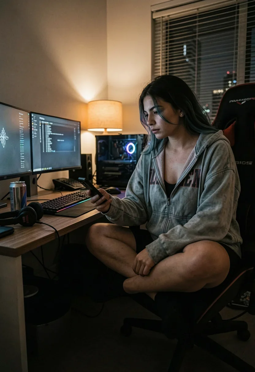 A woman, viewed from near the floor at a low angle, sits cross-legged on a gaming chair in her Melbourne bedroom at 3am. She's turned slightly away from three monitors showing idle screens, her expression distant and vulnerable as she stares at her phone. She wears an oversized faded band hoodie with sleeves pushed up, a black bralette under it, and bike shorts. Her arms are illuminated by warm light. The room is softly lit by a lamp and monitor glow, with city lights visible through half-closed blinds casting horizontal shadows. Cluttered with gaming accessories, the desk holds an energy drink can and headset. She's fully clothed, with opaque fabric covering her chest and intimate areas. Style: candid amateur smartphone snapshot, slight grain, on-camera flash or available light, handheld framing. Mood: unposed, intimate, real.