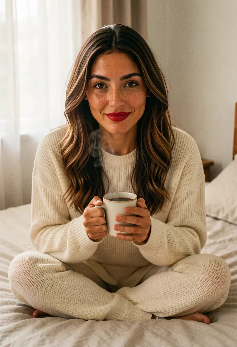 Valentina sits cross-legged on her unmade bed, cradling a steaming mug of coffee in both hands as she leans slightly forward with a soft smile, her deep espresso-brown eyes gazing directly at the camera while her full, red-painted lips curve gently upward. Her long, thick chestnut-brown waves cascade over her shoulders, framing her warm olive skin that shows realistic pore detail and golden undertones, with smooth hairless arms emerging from the loose sleeves of her cozy oversized cream sweater made of soft knit fabric that drapes comfortably over her slim, elegant build, revealing faint subtle moles on her neck and shoulders along with faint expression lines at the corners of her eyes. In her cozy bedroom during late morning, natural daylight filters softly through sheer curtains from the side, its diffused warm golden quality gently illuminating her high sculpted cheekbones and catching the subtle texture of the linen sheets beneath her. Style: candid amateur smartphone snapshot, slight grain, on-camera flash or available light, handheld framing. Mood: unposed, intimate, real.