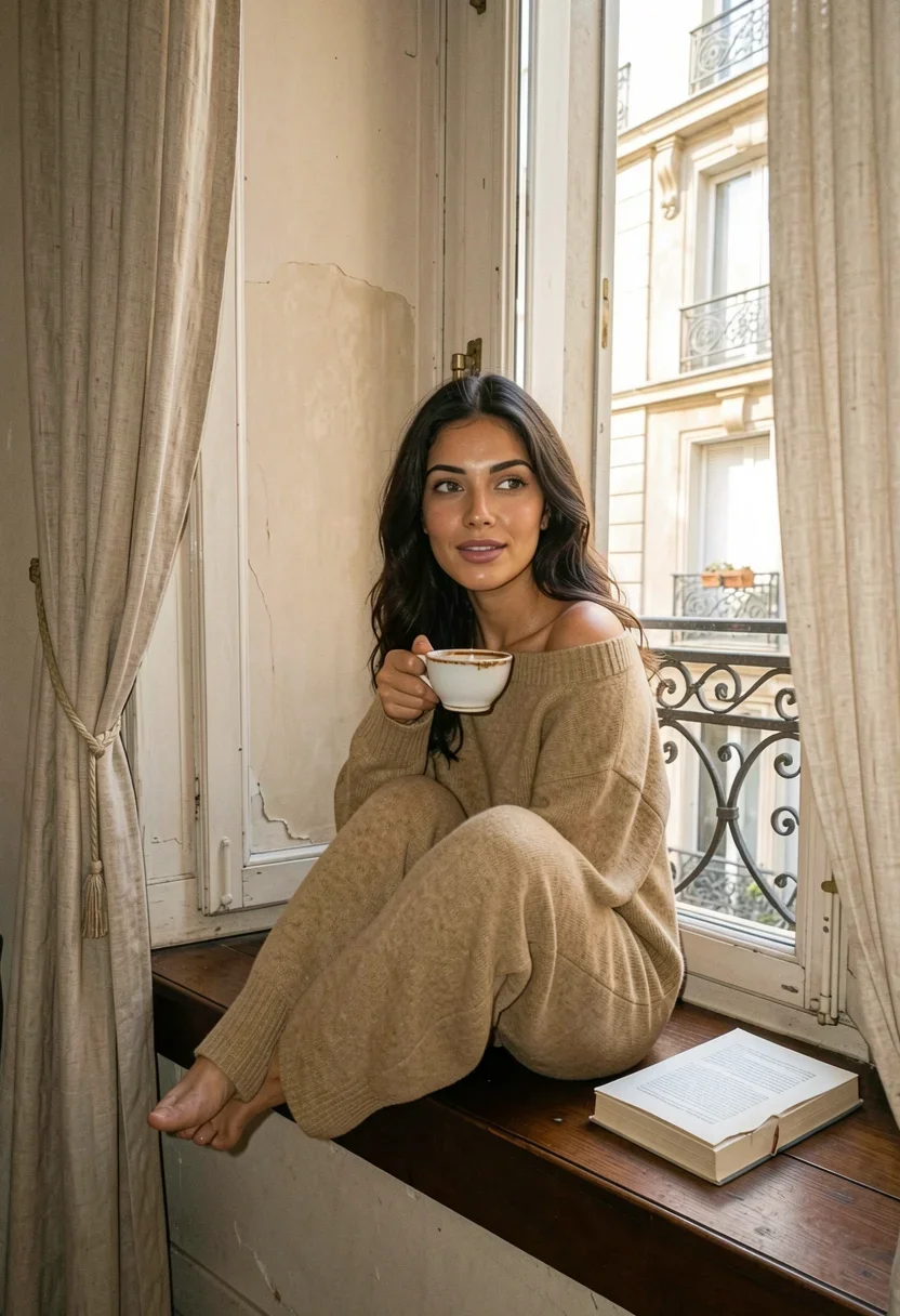 A woman, facing the camera at chest height, sits curled on a deep wooden windowsill of an old Parisian apartment. She wears an oversized oatmeal cashmere sweater slipping off one shoulder, one hand cradling a half-finished cup of tea. A well-read paperback rests face-down on the sill beside her, spine cracked. Thin linen curtains diffuse pale gold morning light spilling across aged plaster walls and the wrought-iron Juliet balcony just beyond. Her full plump mauve-rose lips are slightly parted, and her striking large almond-shaped pale grey-green eyes gaze dreamily outward, a soft smile playing on her lips. Style: candid amateur smartphone snapshot, slight grain, on-camera flash or available light, handheld framing. Mood: unposed, intimate, real.