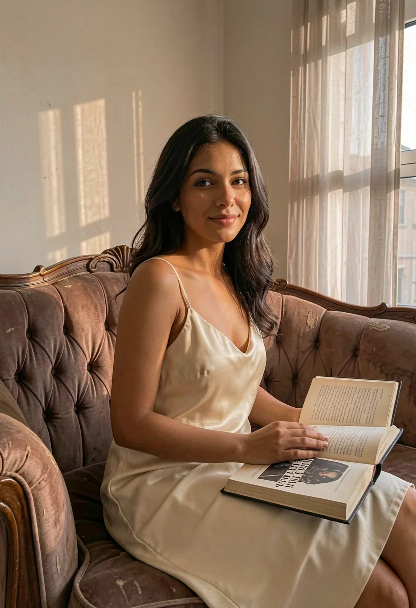 A woman, sitting on the edge of a worn velvet chaise, gazes past the camera with a soft smile, her cream silk slip dress with thin straps letting her bare shoulders catch the warm late afternoon light streaming through sheer curtains. Her hand rests on an open book, Nima Yushfari, on her lap. Style: candid amateur smartphone snapshot, slight grain, on-camera flash or available light, handheld framing. Mood: unposed, intimate, real.