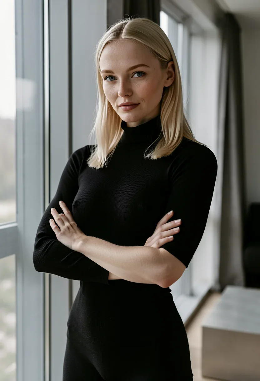 A tall statuesque Nordic woman stands at a floor-to-ceiling window, her arms crossed in a confident pose, giving the camera a cool, composed half-smile. Her waist-length platinum-blonde hair falls straight past her shoulders, swaying slightly with her movement. She wears a fitted black turtleneck that hugs her broad shoulders and slim waist, accentuating her lean athletic build. Her ice-blue eyes are calm and direct, framed by high cheekbones and a sharp angular jawline. The clean, even Nordic morning light fills the minimalist room, casting soft shadows that highlight the pale alabaster skin of her smooth, hairless arms. The architectural lines of the livingroom enhance her commanding upright posture, with faint blue veins visible at her temples and inner wrists. Style: editorial fashion photography, 35mm full-frame DSLR, shallow depth of field, color-graded. Mood: cinematic, composed, considered.