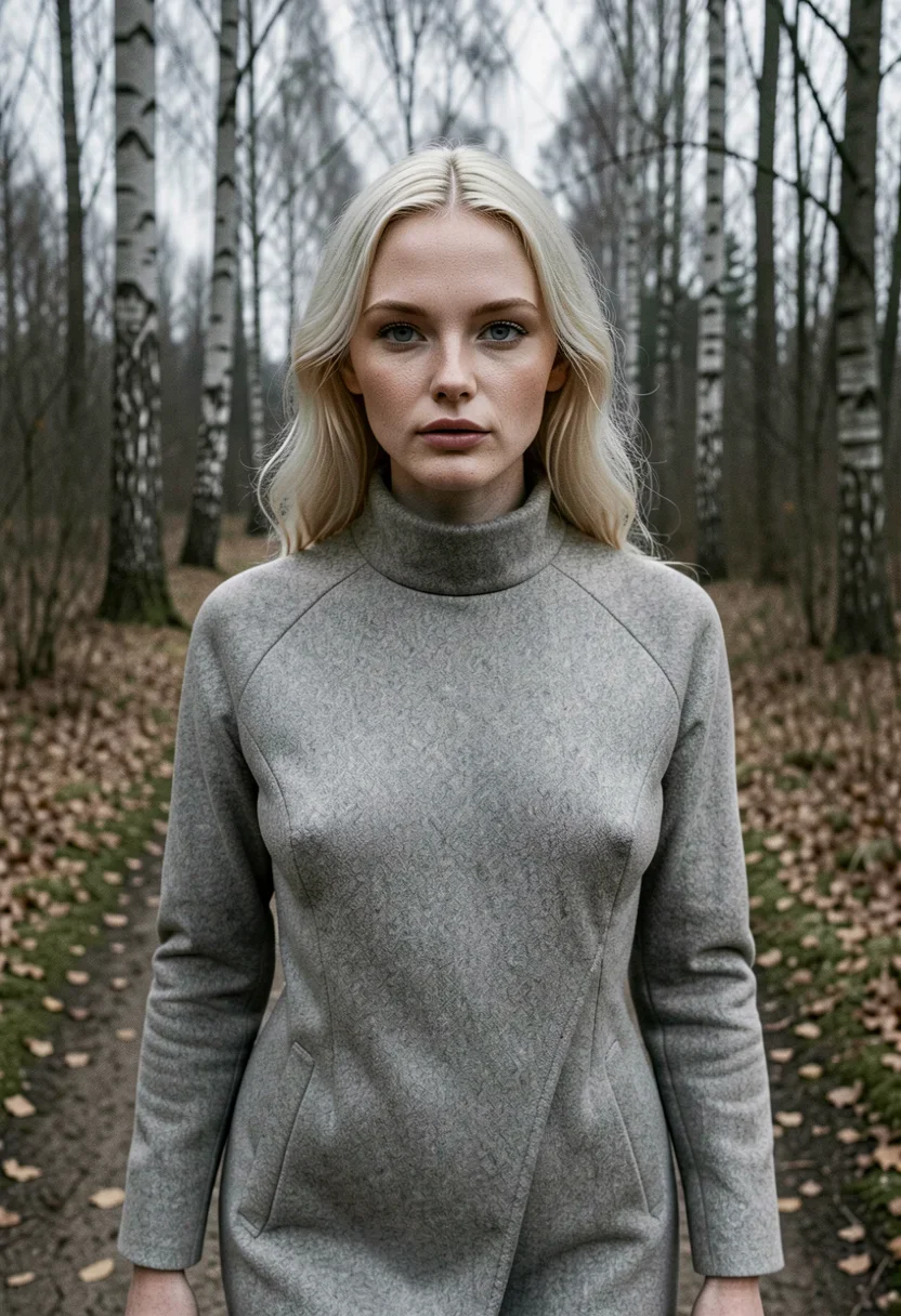 A woman walks along a forest trail, her platinum hair loose and her ice-blue eyes steady, glancing toward the camera with a calm, controlled expression. She wears a tailored wool coat, her broad shoulders and lean athletic build evident beneath the fabric, her pale alabaster skin visible along her smooth, hairless arms. The cold overcast Nordic light filters through the trees, casting a soft, diffuse glow on her face and the wool coat. The atmosphere is serene and tranquil, the muted light enhancing the natural beauty of the woods. She is fully dressed in thick opaque cloth that covers her chest, breasts, stomach, and hips; her top is a solid high-necked closed garment of dense fabric, and her chest reads as fabric surface across the whole bust. Style: candid amateur smartphone snapshot, slight grain, on-camera flash or available light, handheld framing. Mood: unposed, intimate, real.