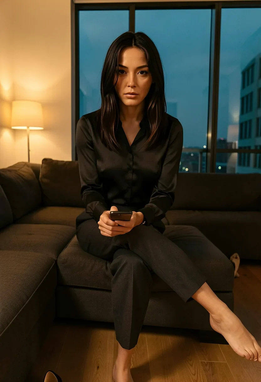 A woman, Tessa, sits on the edge of a charcoal sectional sofa, one leg crossed over the other, holding her phone face-down on her knee as if she just forced herself to put it away. She wears a fitted black silk blouse tucked into tailored dark trousers and bare feet on the hardwood floor, heels kicked off nearby. Her long thick straight dark espresso-brown hair falls past her shoulders, a few loose strands over one eye. She gives the camera a direct, wound-tight stare with her warm dark-brown eyes, full plush lips pressed together, fair warm porcelain skin catching the split light. Warm amber lamplight from one side, cool blue-cyan city light from the floor-to-ceiling windows on the other. She is dressed in normal flattering everyday clothing of solid opaque fabric. An opaque top of solid woven fabric covers her chest completely as an unbroken cloth surface. Opaque bottoms of solid woven fabric cover her hips and upper thighs as an unbroken cloth surface. Style: candid amateur smartphone snapshot, slight grain, on-camera flash or available light, handheld framing. Mood: unposed, intimate, real.