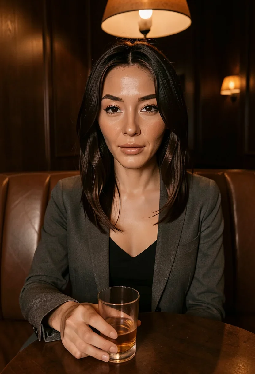 A woman, Tessa, sits alone in a dim leather booth, one hand loosely around a lowball glass on the table, looking at the camera with a tired but sharp half-smile. She wears a structured charcoal blazer over a black camisole, her long straight dark espresso-brown hair pushed ass one ear. Warm dark-brown eyes, full plush lips with a faint natural tint, and fair warm porcelain skin with a dewy glow are visible. The low amber pendant light overhead casts a warm pool across her face and the leather, the rest of the lounge falling into soft shadow. She is dressed in normal flattering everyday clothing of solid opaque fabric. An opaque top of solid woven fabric covers her chest completely as an unbroken cloth surface. Style: candid amateur smartphone snapshot, slight grain, on-camera flash or available light, handheld framing. Mood: unposed, intimate, real.