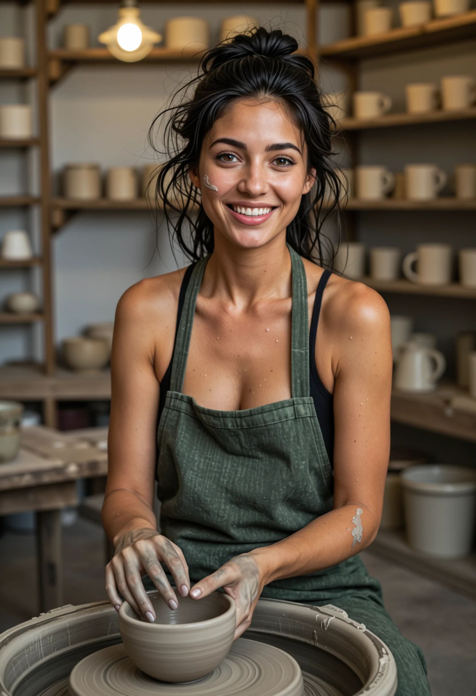 Candid phone snapshot of a 26-year-old slim Iranian woman with rich deep-bronze sun-kissed skin showing fine pore detail and subtle natural sheen, long thick raven-black naturally wavy hair pulled back into a messy low knot with soft flyaways, striking pale grey-green almond eyes, seated at a pottery wheel in a small artisan pottery studio in Paris, hands wet and grey with clay shaping a lopsided bowl, a smudge of clay drying on her cheekbone and another along her forearm, wearing a faded oversized dark green canvas apron over a black tank top, narrow shoulders and elegant slim build, looking up and laughing softly at the camera, solo subject alone in frame, no other people, warm overhead worklights, wooden shelves of unfinished pots and glazed mugs blurred behind, hand-held angle, slight digital grain, natural skin texture with visible pores, amateur smartphone aesthetic