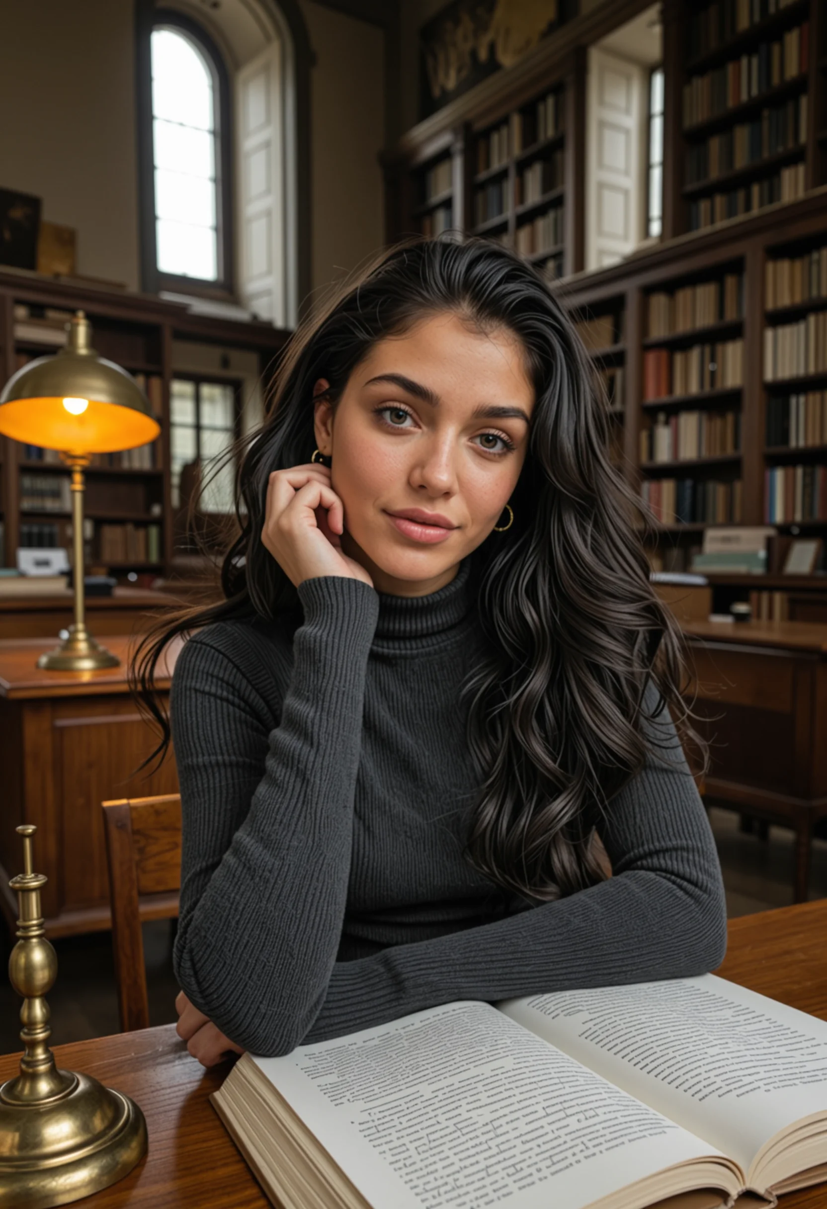 Candid phone snapshot of a 26-year-old slim Iranian woman with rich deep-bronze sun-kissed skin showing visible pores and fine vellus hair on cheeks, long thick raven-black naturally wavy hair falling past her shoulders, striking pale grey-green almond eyes, seated at a wooden desk in an old Paris university library reading room with deep walnut bookshelves and tall arched windows, brass desk lamp casting a warm pool of light, late afternoon light filtering through, open art history book and notebook covered in handwritten margin notes in front of her, wearing a fine-knit charcoal turtleneck and small gold hoops, one hand resting against her temple, soft thoughtful expression with a faint half-smile aimed sideways at the camera, narrow shoulders and elegant slim build, solo subject alone in frame, no other people, hand-held angle with slight digital grain, natural skin texture with pore detail, amateur smartphone aesthetic, available light